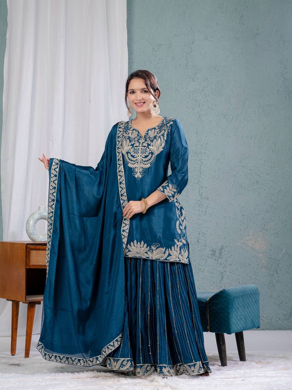 Teal Blue Heavy Embroidery Suit in Germany