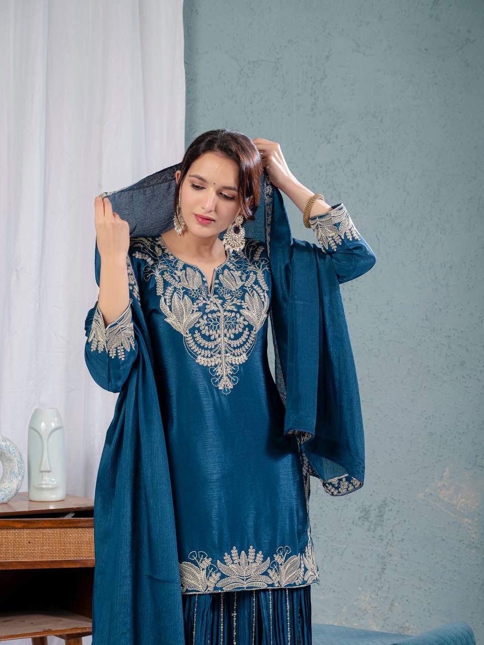 Teal Blue Heavy Embroidery Suit in Germany