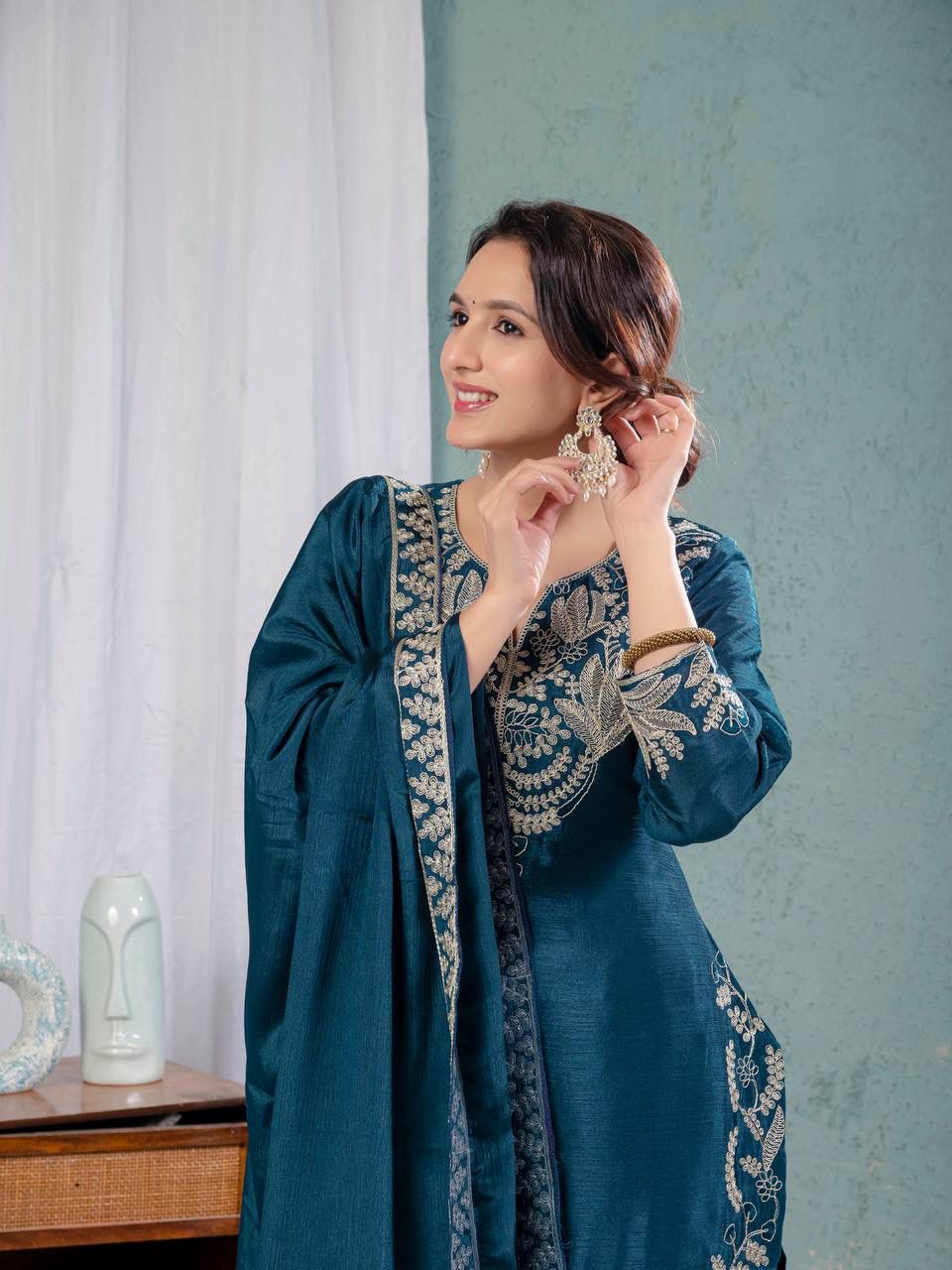 Teal Blue Heavy Embroidery Suit in Germany