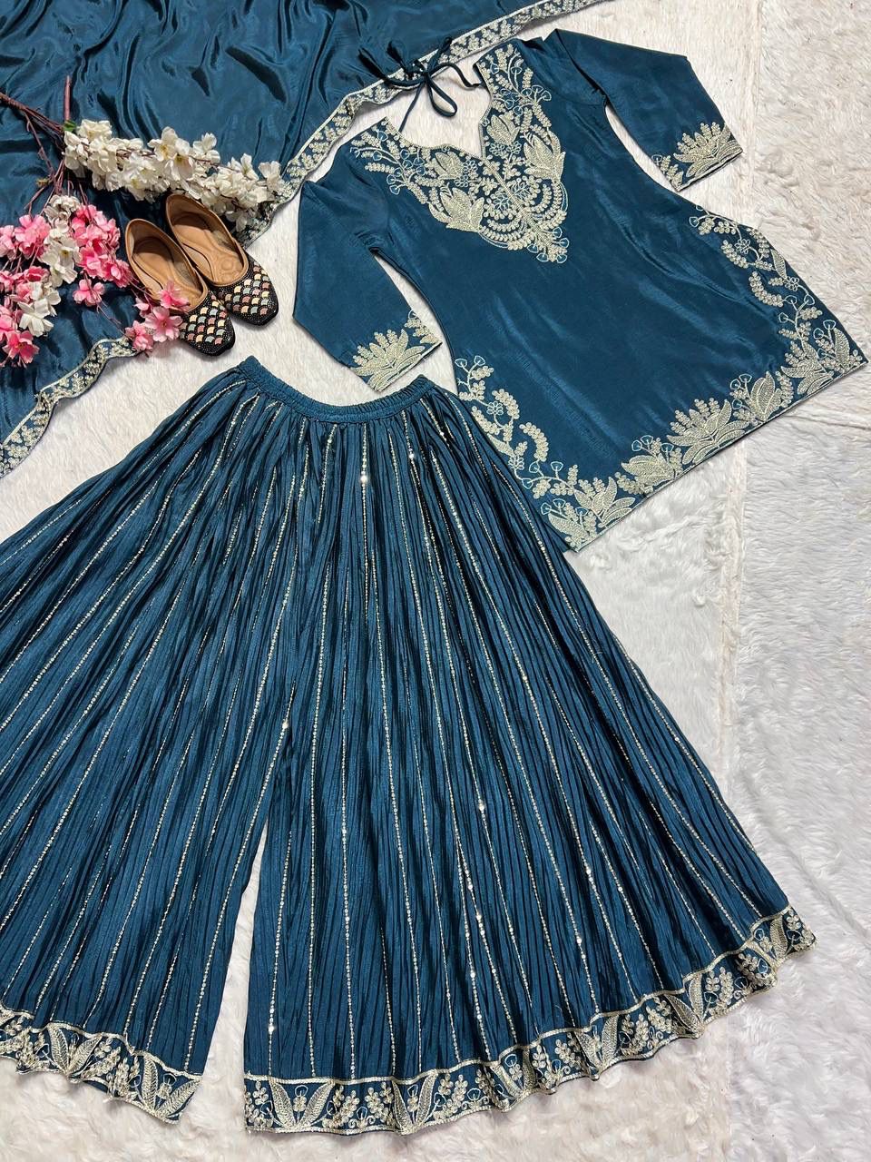 Teal Blue Heavy Embroidery Suit in Germany