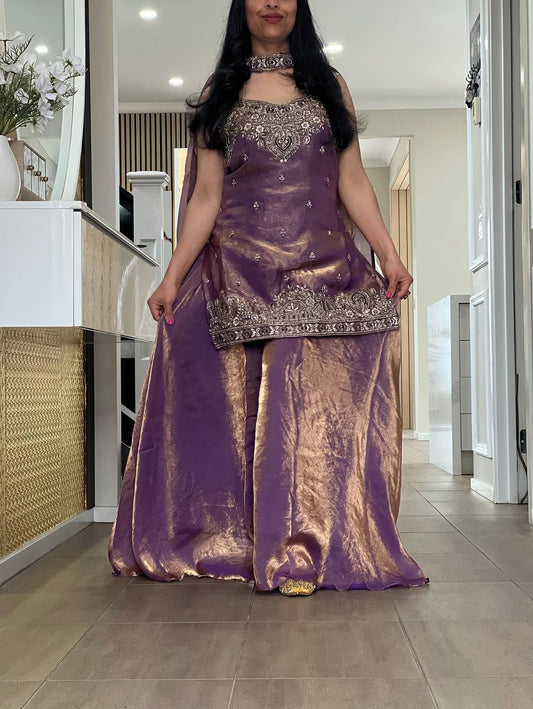 Lavender Embroidery Sequence Worked Top-Palazzo And Dupatta Set embroidery and fabric detail - Neha Couture Indian Fashion