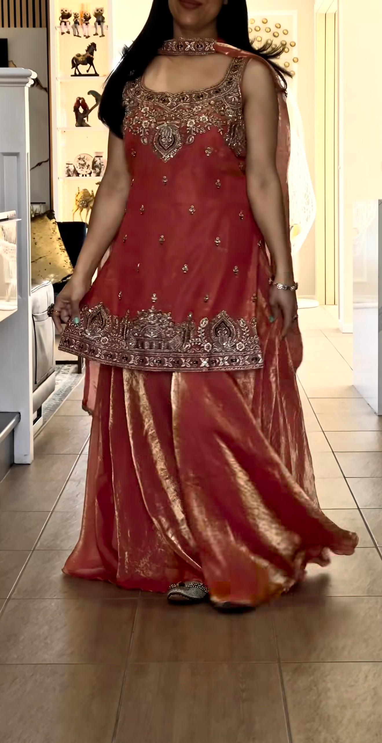 Orange Embroidery Sequence Worked Top-Plazzo And Dupatta Set in Berlin