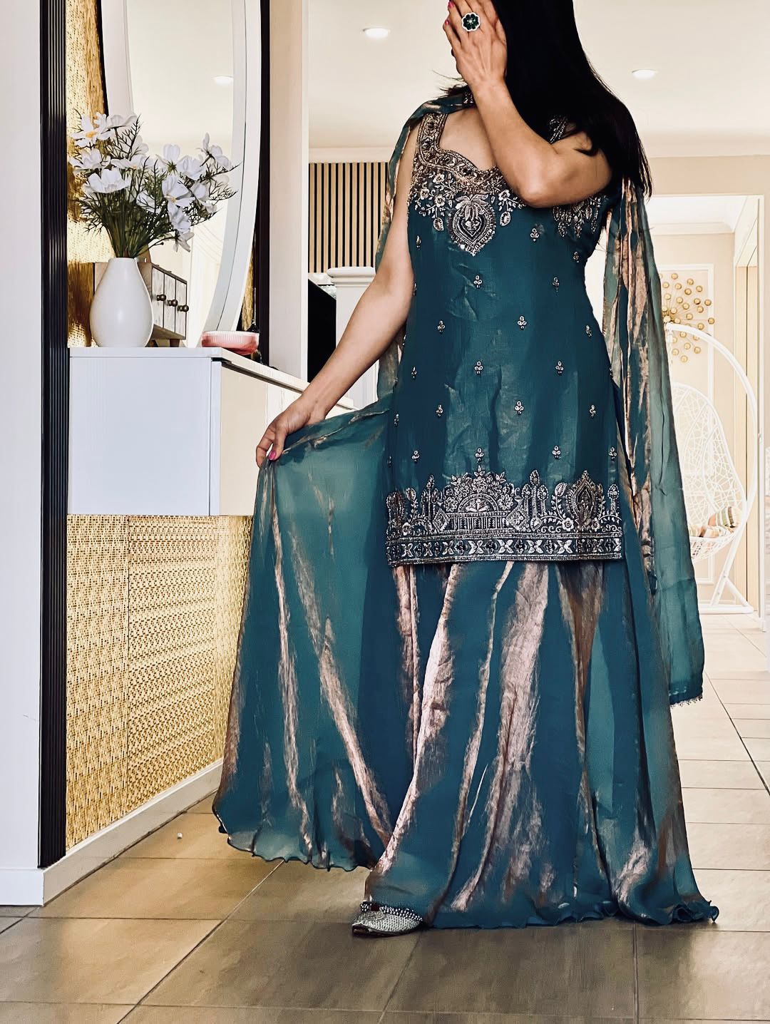 Teal Embroidery Sequence Worked Top-Plazzo And Dupatta Set in Berlin
