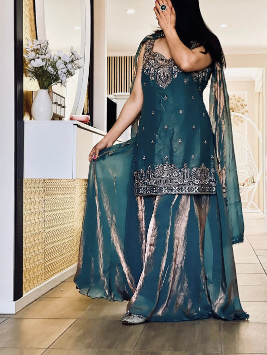 Teal Embroidery Sequence Worked Top-Palazzo And Dupatta Set embroidery and fabric detail - Neha Couture Indian Fashion
