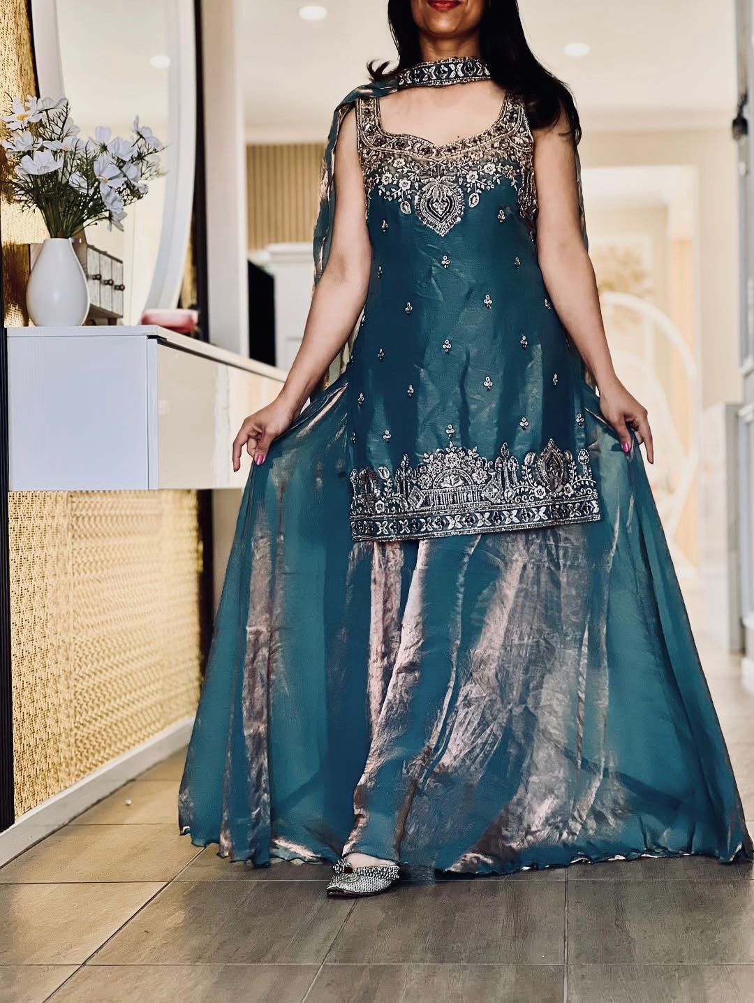 Teal Embroidery Sequence Worked Top-Plazzo And Dupatta Set in Berlin