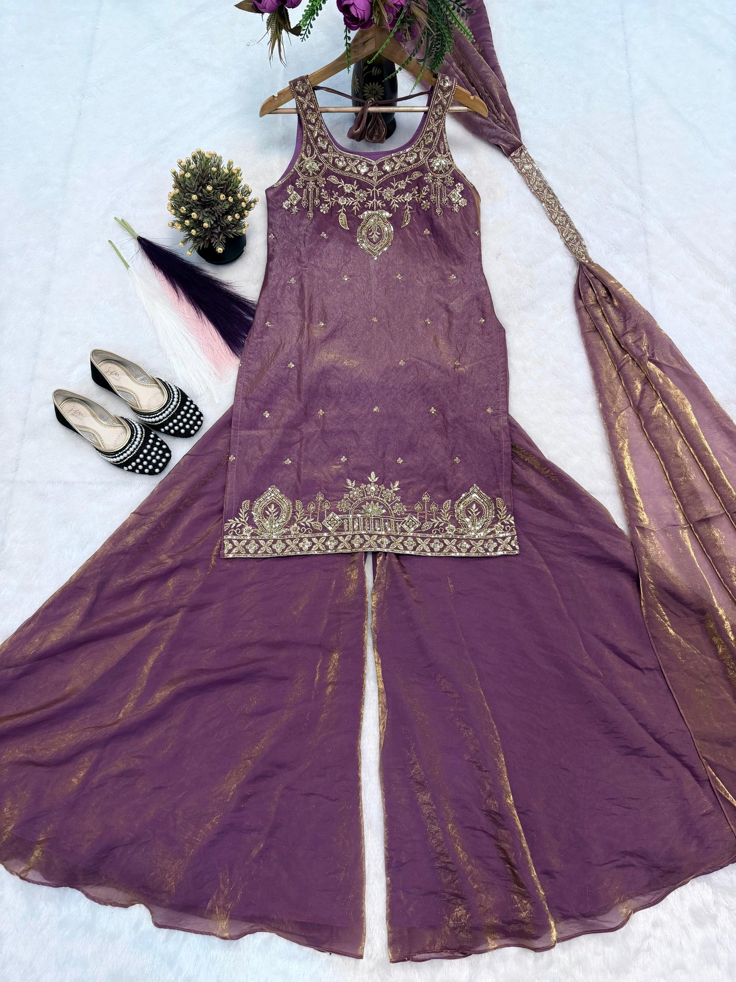 Lavender Embroidery Sequence Worked Top-Plazzo And Dupatta Set in Berlin