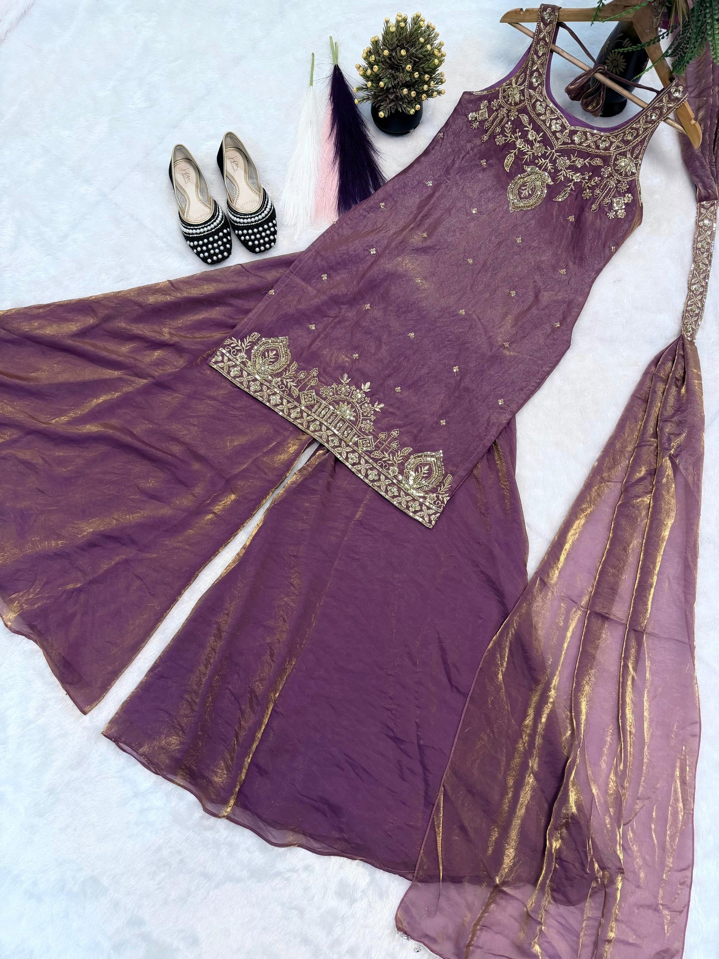 Lavender Embroidery Sequence Worked Top-Plazzo And Dupatta Set in Berlin