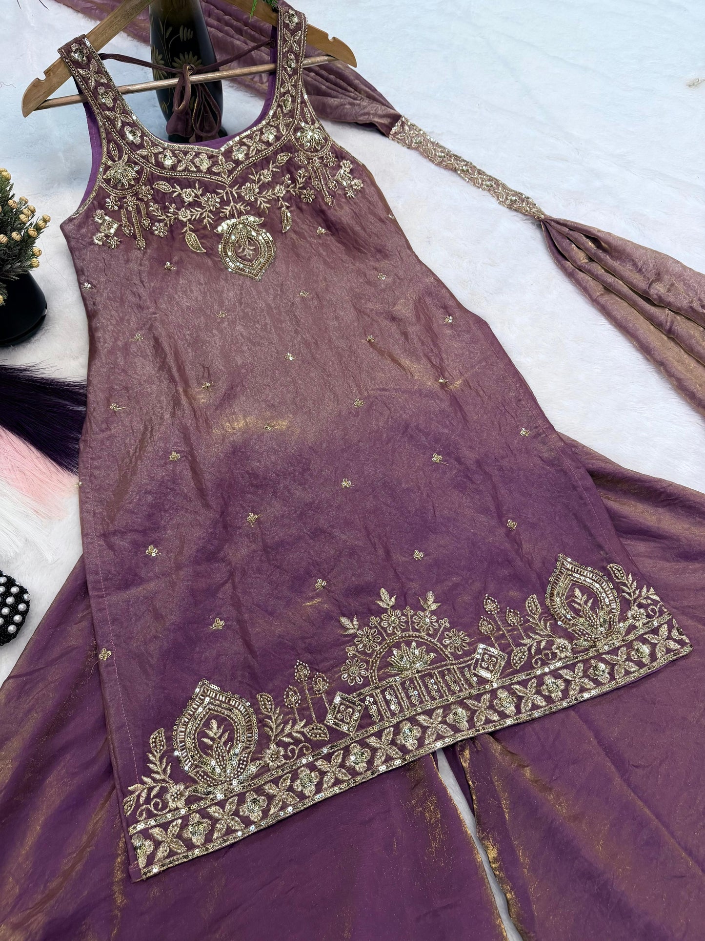 Lavender Embroidery Sequence Worked Top-Plazzo And Dupatta Set in Berlin