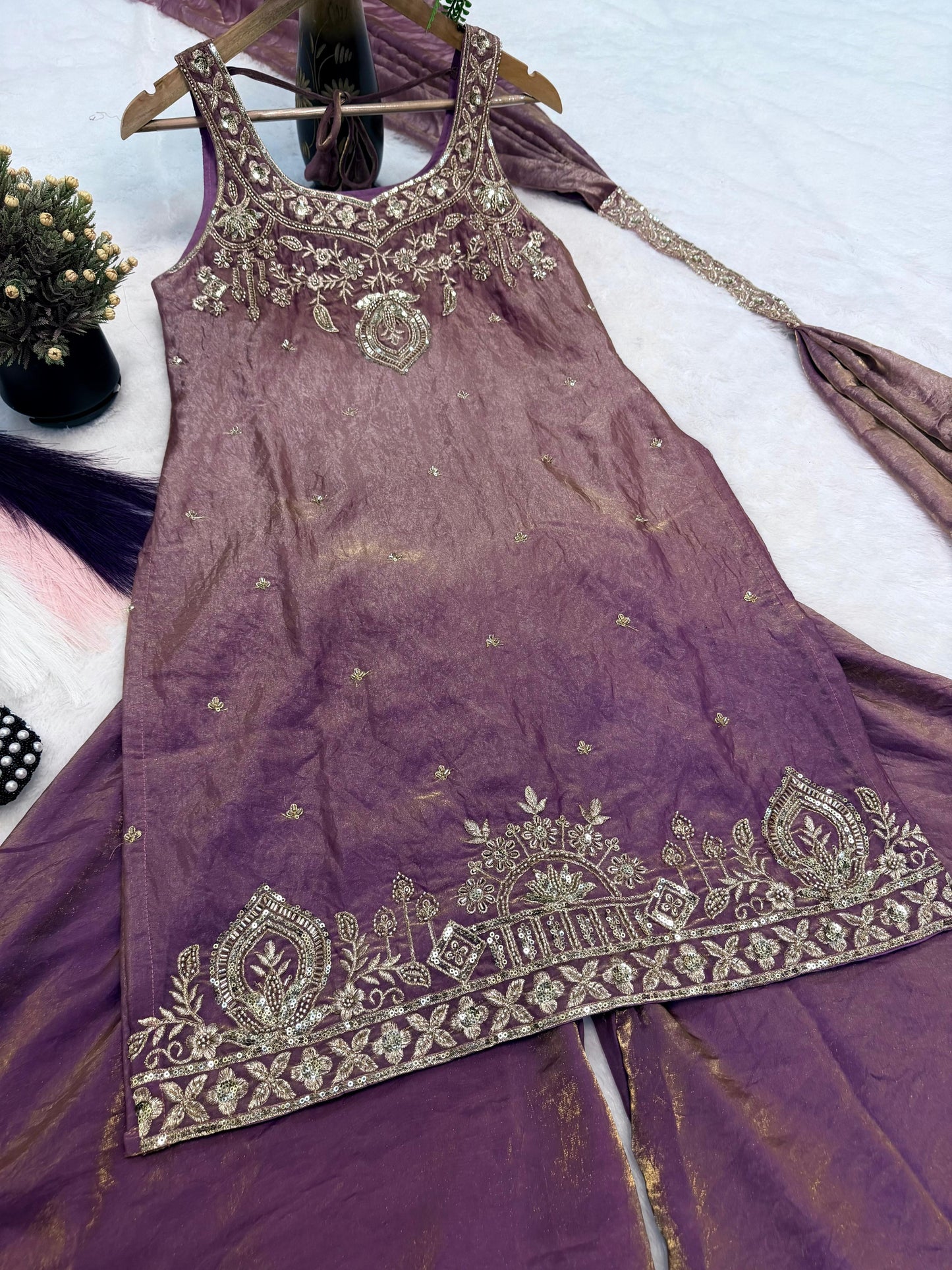 Lavender Embroidery Sequence Worked Top-Plazzo And Dupatta Set in Berlin