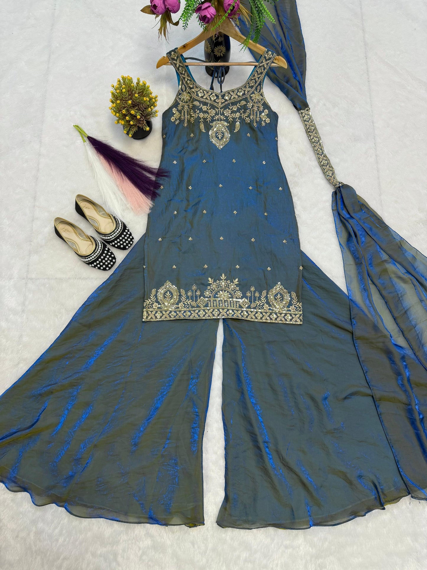 Teal Embroidery Sequence Worked Top-Plazzo And Dupatta Set in Berlin