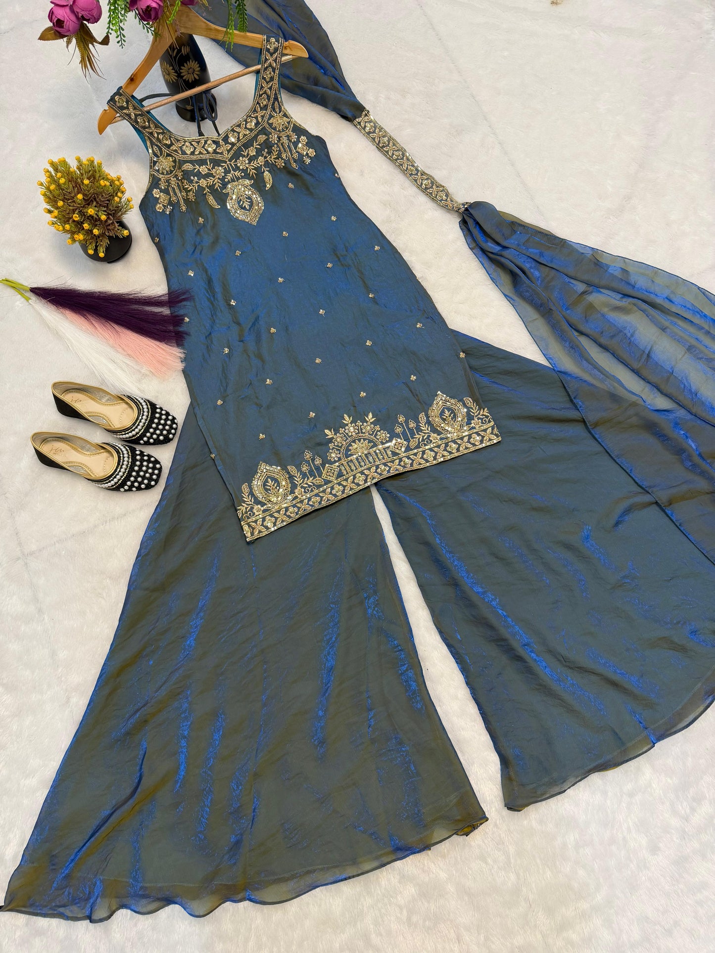 Teal Embroidery Sequence Worked Top-Plazzo And Dupatta Set in Berlin