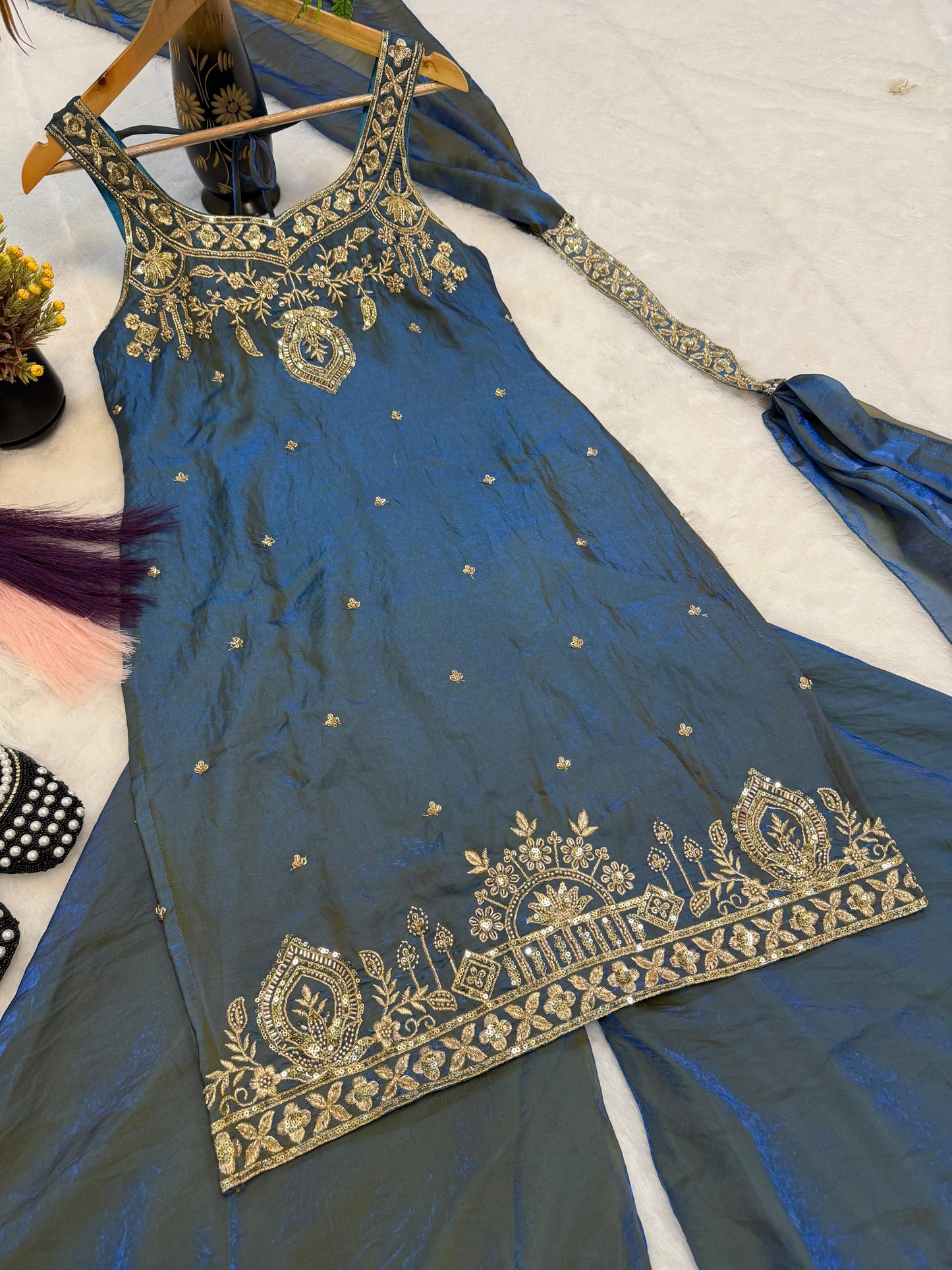Teal Embroidery Sequence Worked Top-Plazzo And Dupatta Set in Berlin