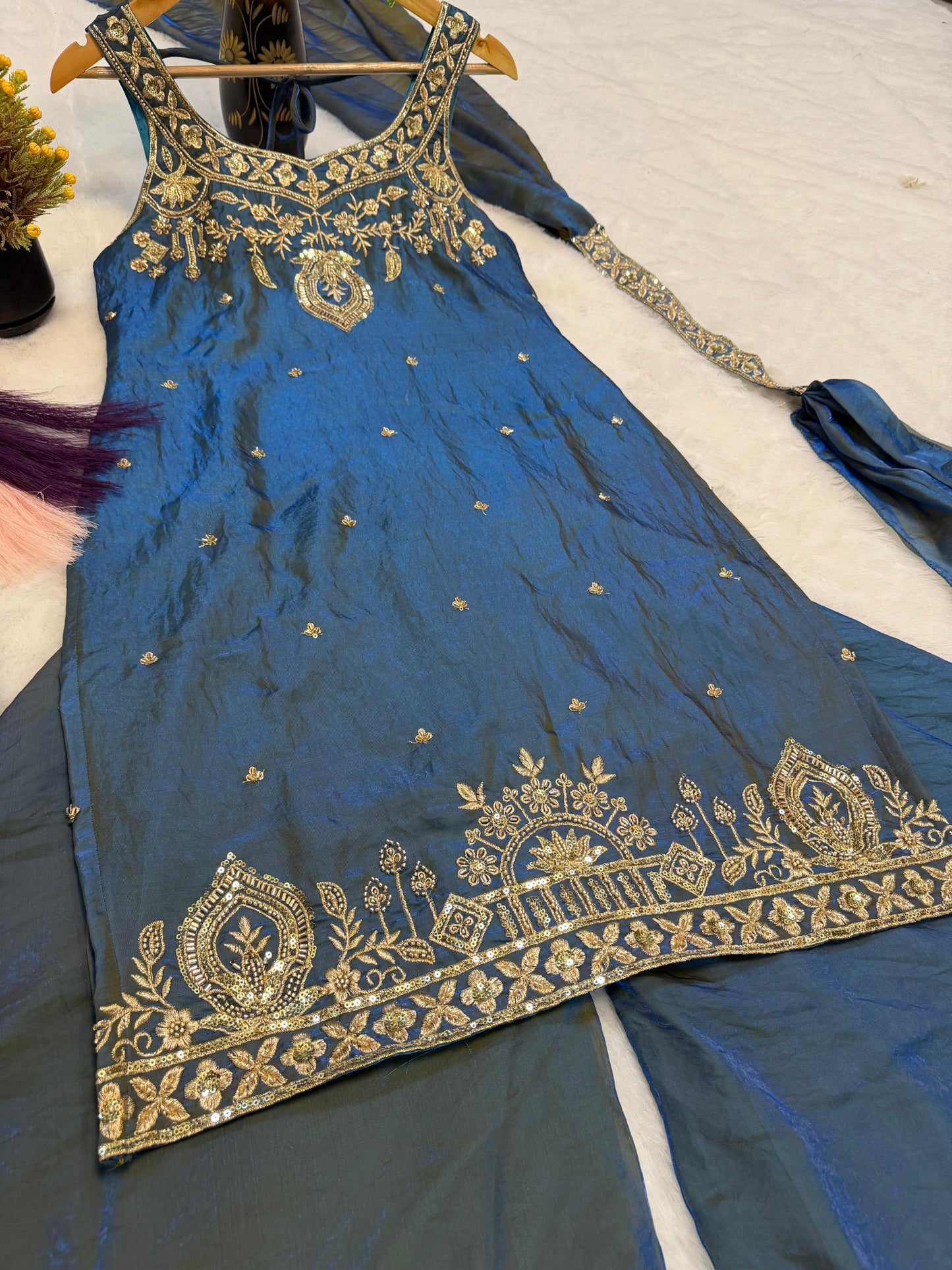Teal Embroidery Sequence Worked Top-Plazzo And Dupatta Set in Berlin