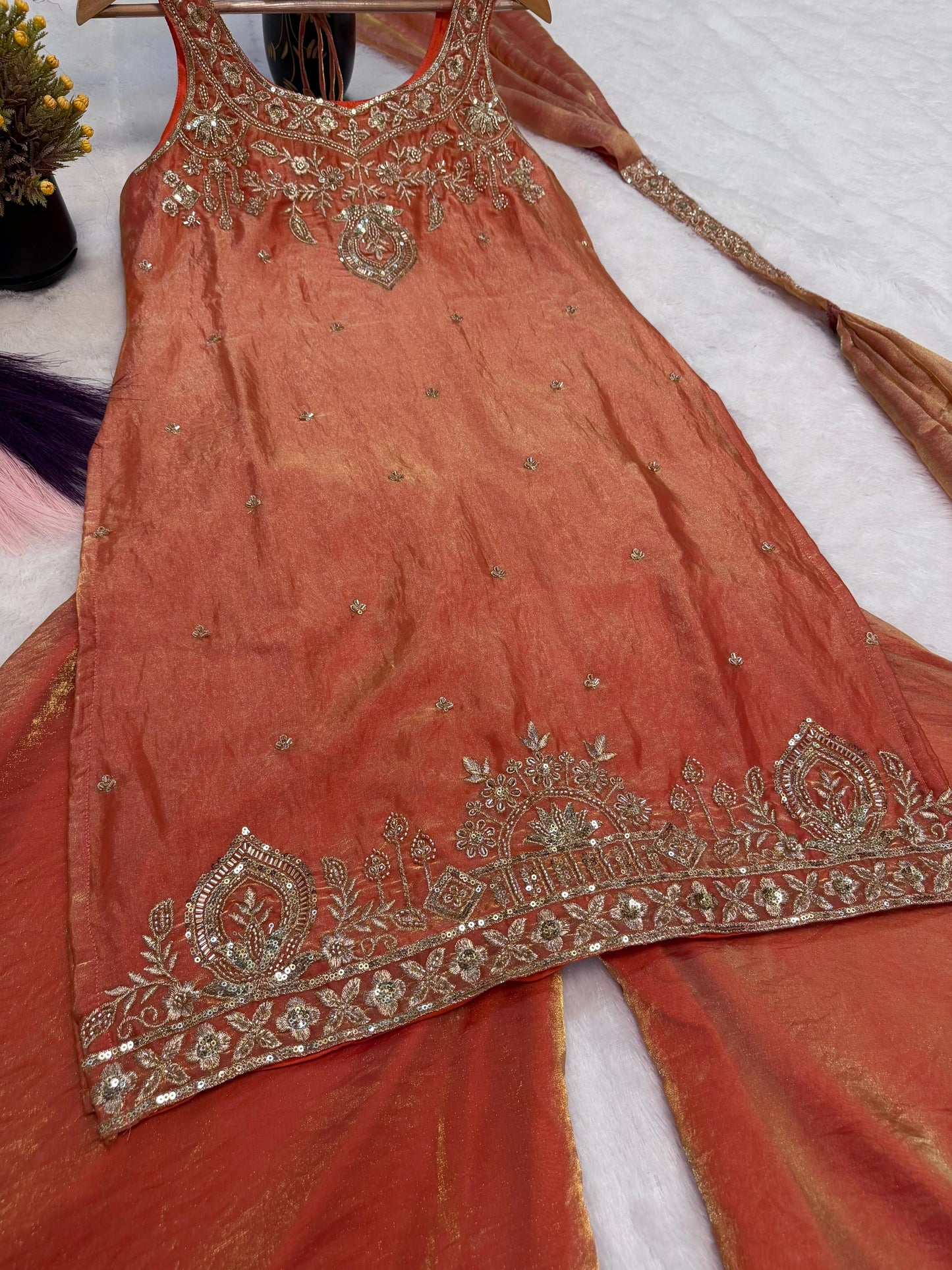 Orange Embroidery Sequence Worked Top-Plazzo And Dupatta Set in Berlin