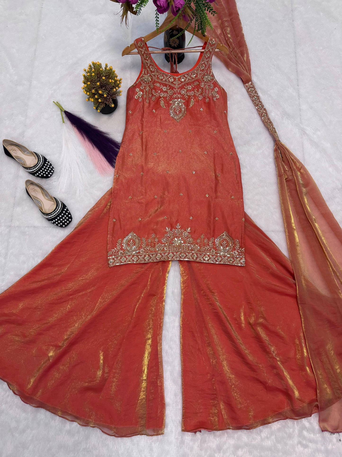Orange Embroidery Sequence Worked Top-Plazzo And Dupatta Set in Berlin
