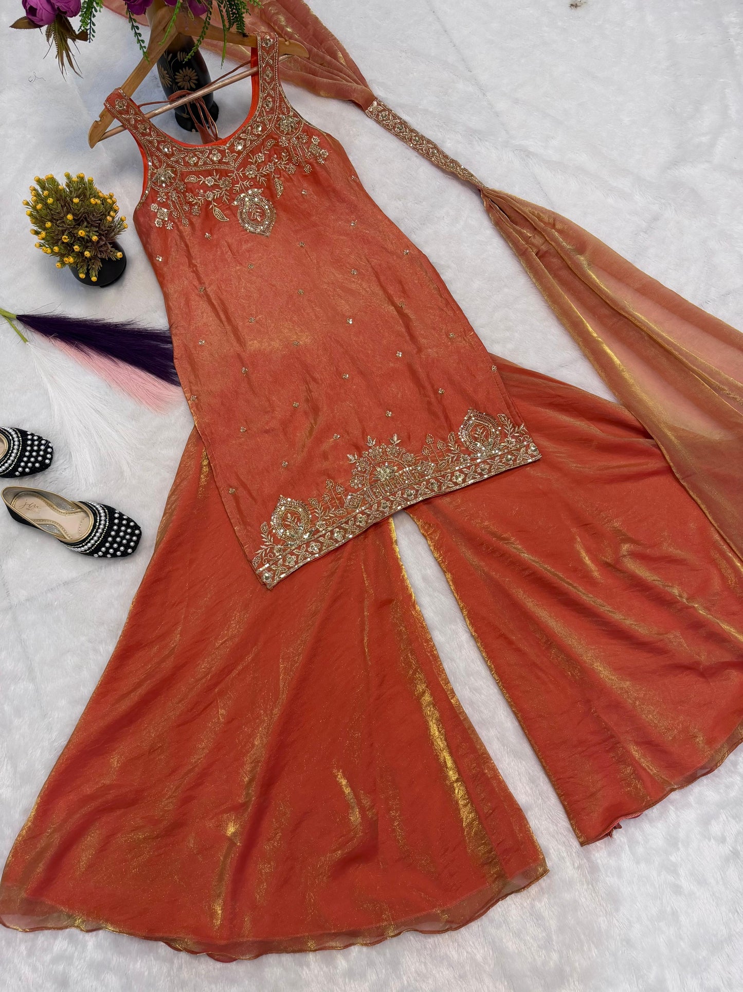 Orange Embroidery Sequence Worked Top-Plazzo And Dupatta Set in Berlin