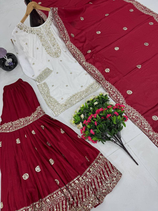 White and maroon Party Wear Eid Special Sharara Set embroidery and fabric detail - Neha Couture Indian Fashion