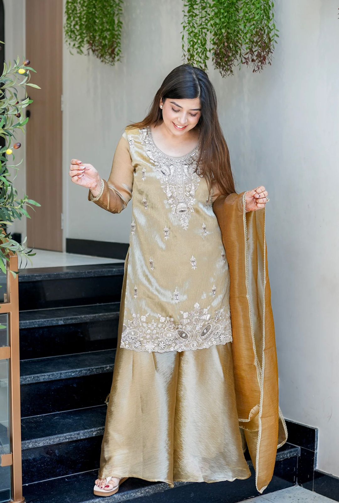 Biege Silk And Heavy Embroidery Sequence Work Top-Bottom And Dupatta Set in Germany