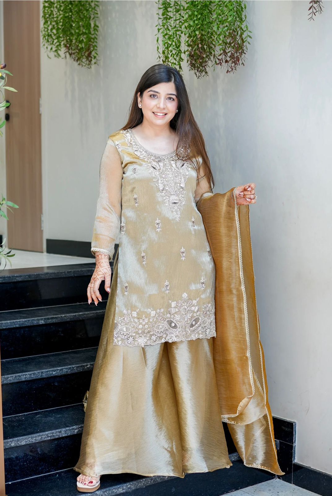 Biege Silk And Heavy Embroidery Sequence Work Top-Bottom And Dupatta Set in Germany