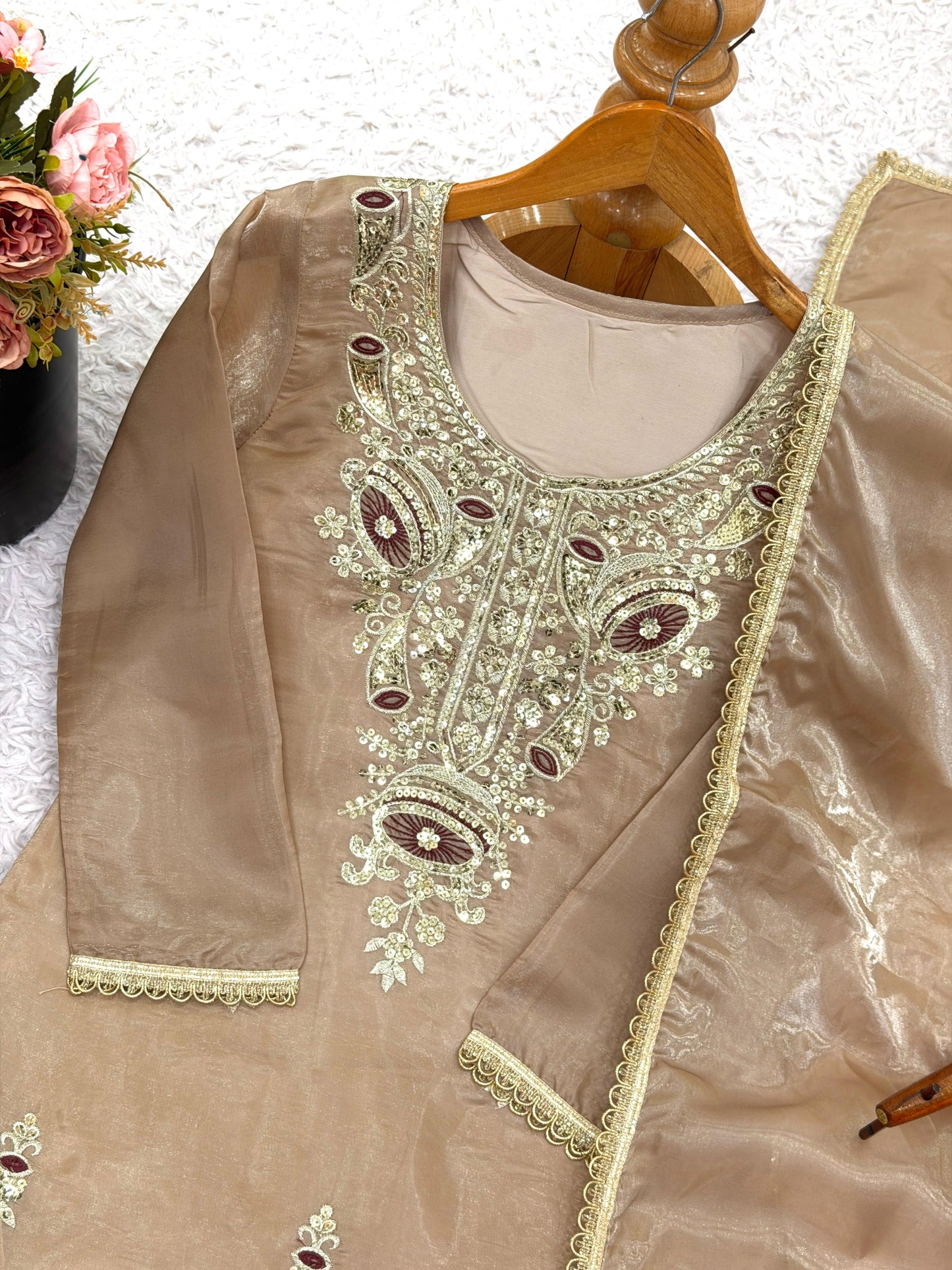 Biege Silk And Heavy Embroidery Sequence Work Top-Bottom And Dupatta Set in Germany