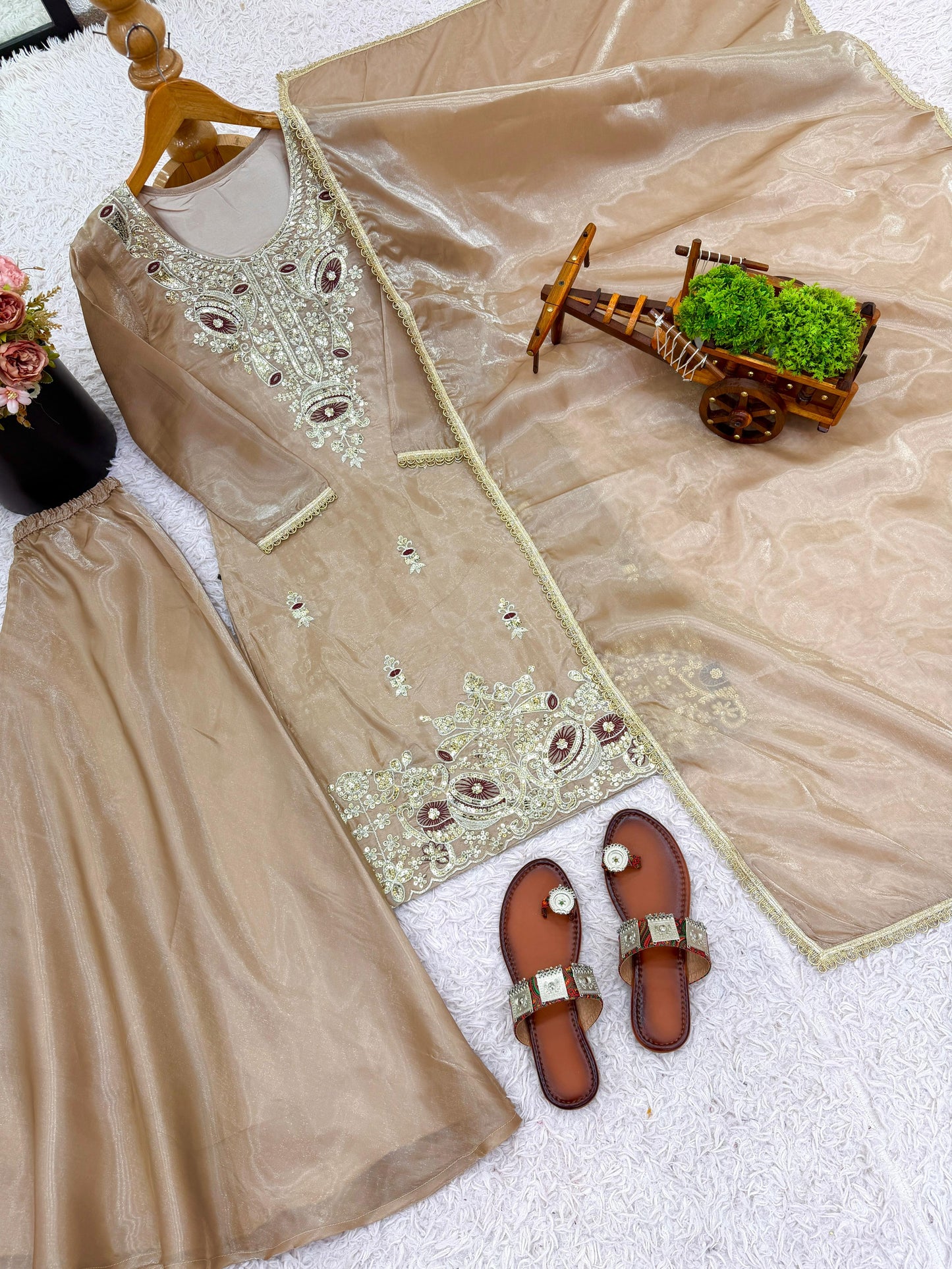 Biege Silk And Heavy Embroidery Sequence Work Top-Bottom And Dupatta Set in Germany
