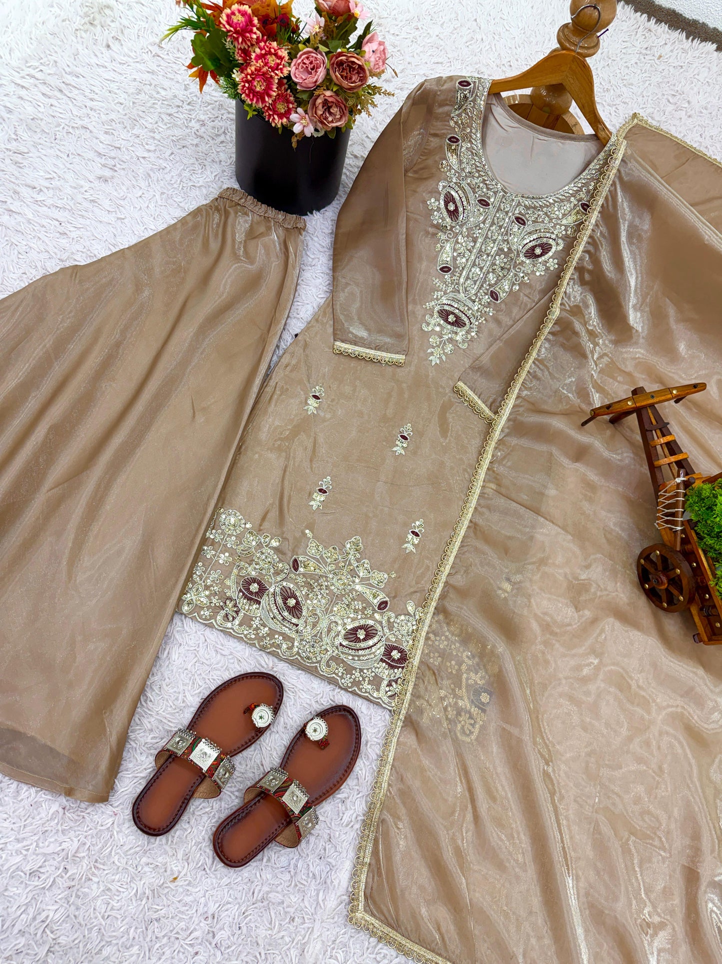 Biege Silk And Heavy Embroidery Sequence Work Top-Bottom And Dupatta Set in Germany