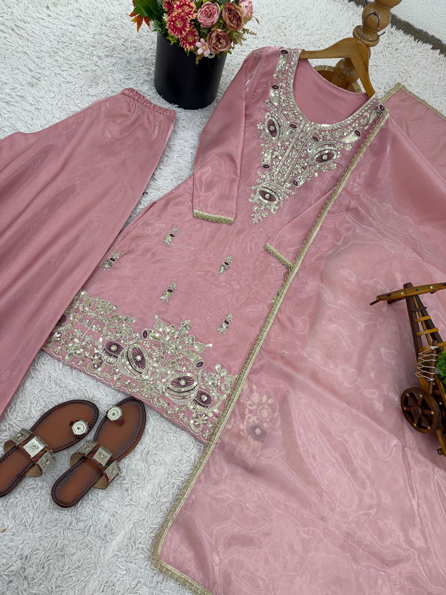Pink Silk And Heavy Embroidery Sequence Work Top-Bottom And Dupatta Set in Germany