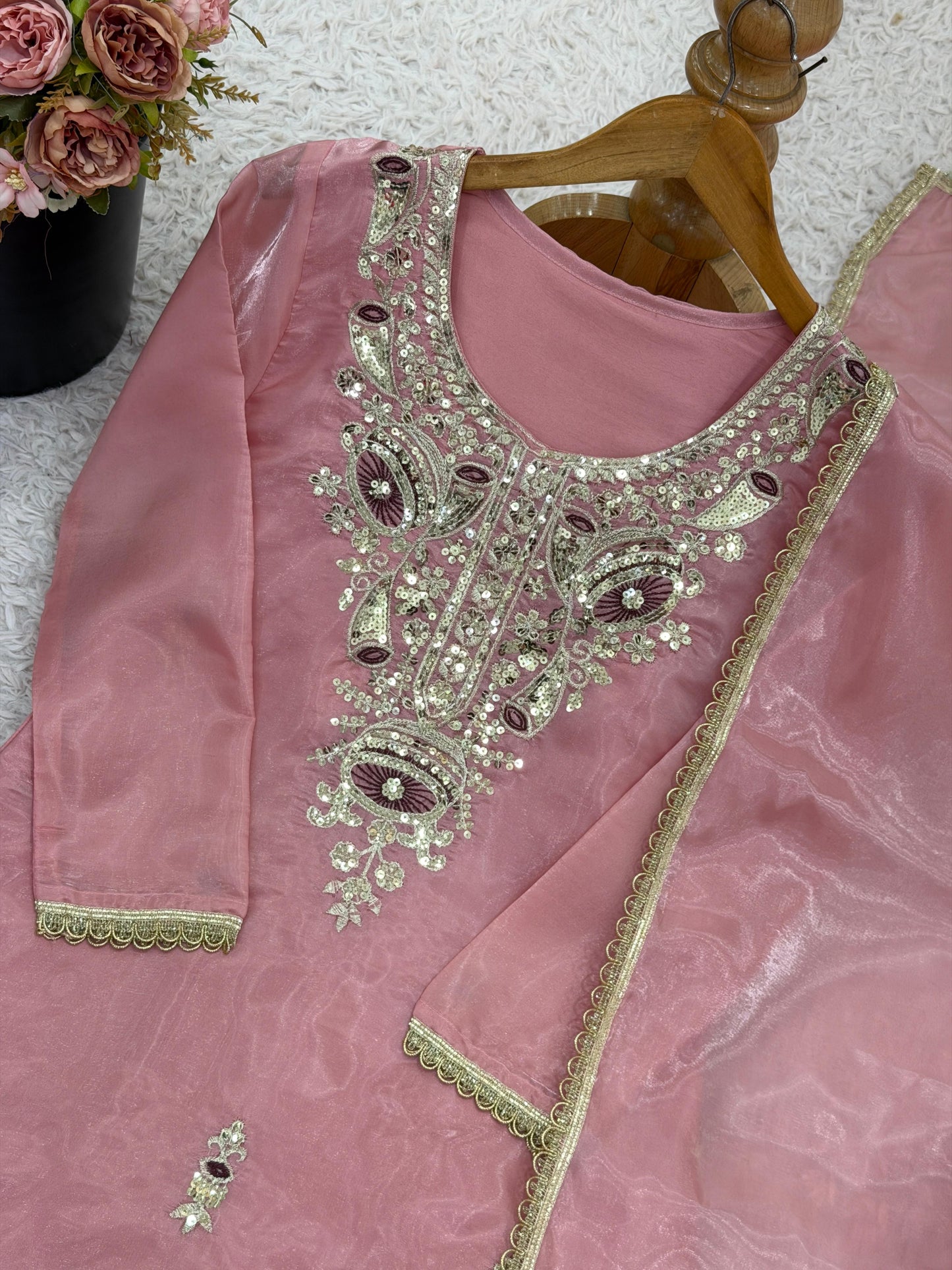 Pink Silk And Heavy Embroidery Sequence Work Top-Bottom And Dupatta Set in Germany