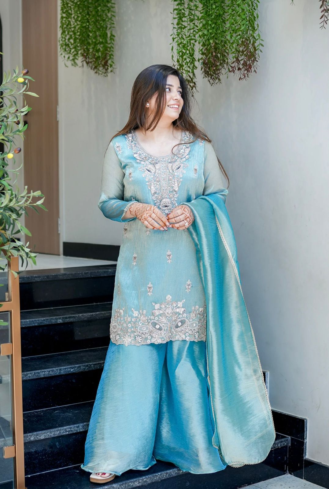 Sky blue Silk And Heavy Embroidery Sequence Work Top-Bottom And Dupatta Set in Germany