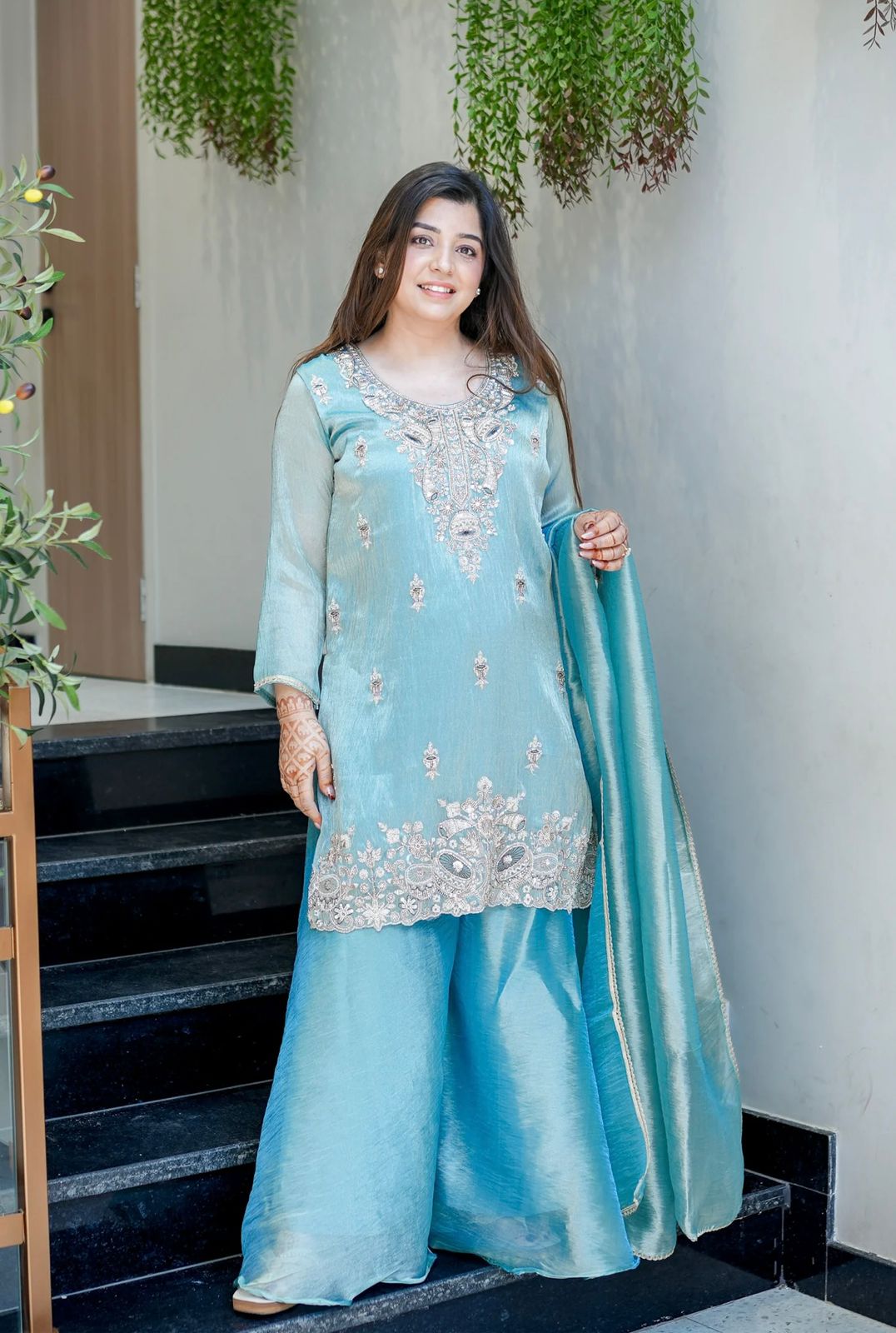 Sky blue Silk And Heavy Embroidery Sequence Work Top-Bottom And Dupatta Set in Germany