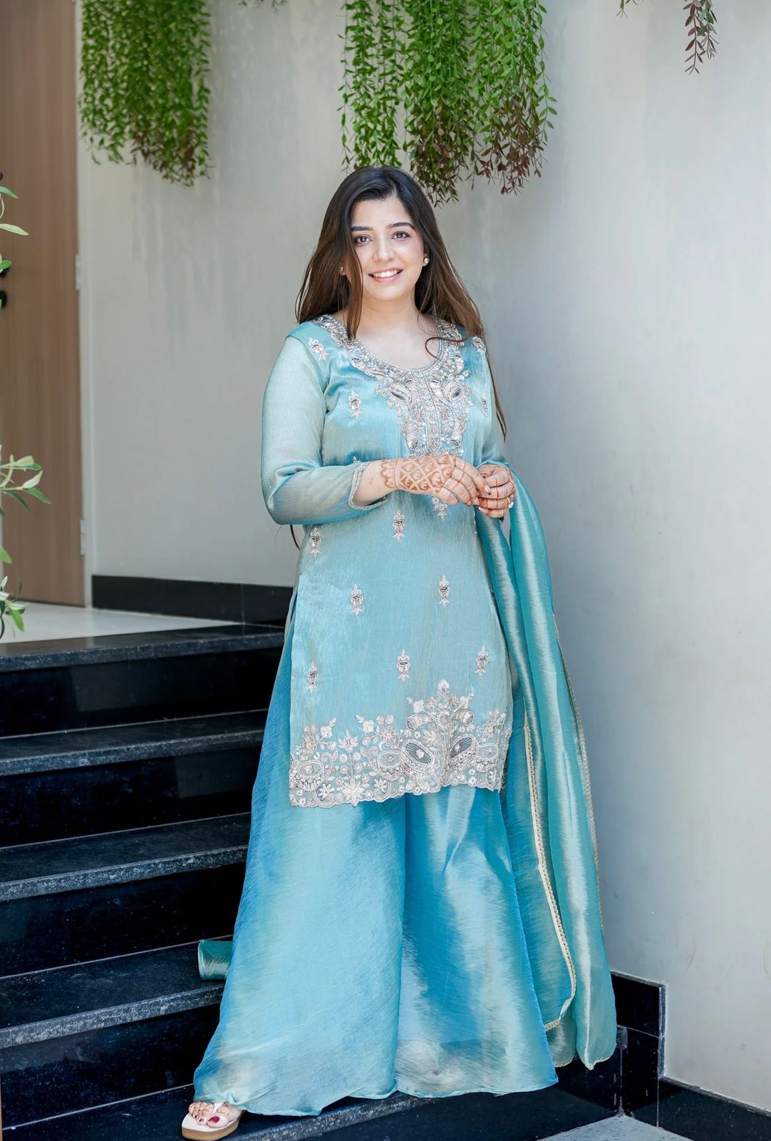 Sky blue Silk And Heavy Embroidery Sequence Work Top-Bottom And Dupatta Set in Germany
