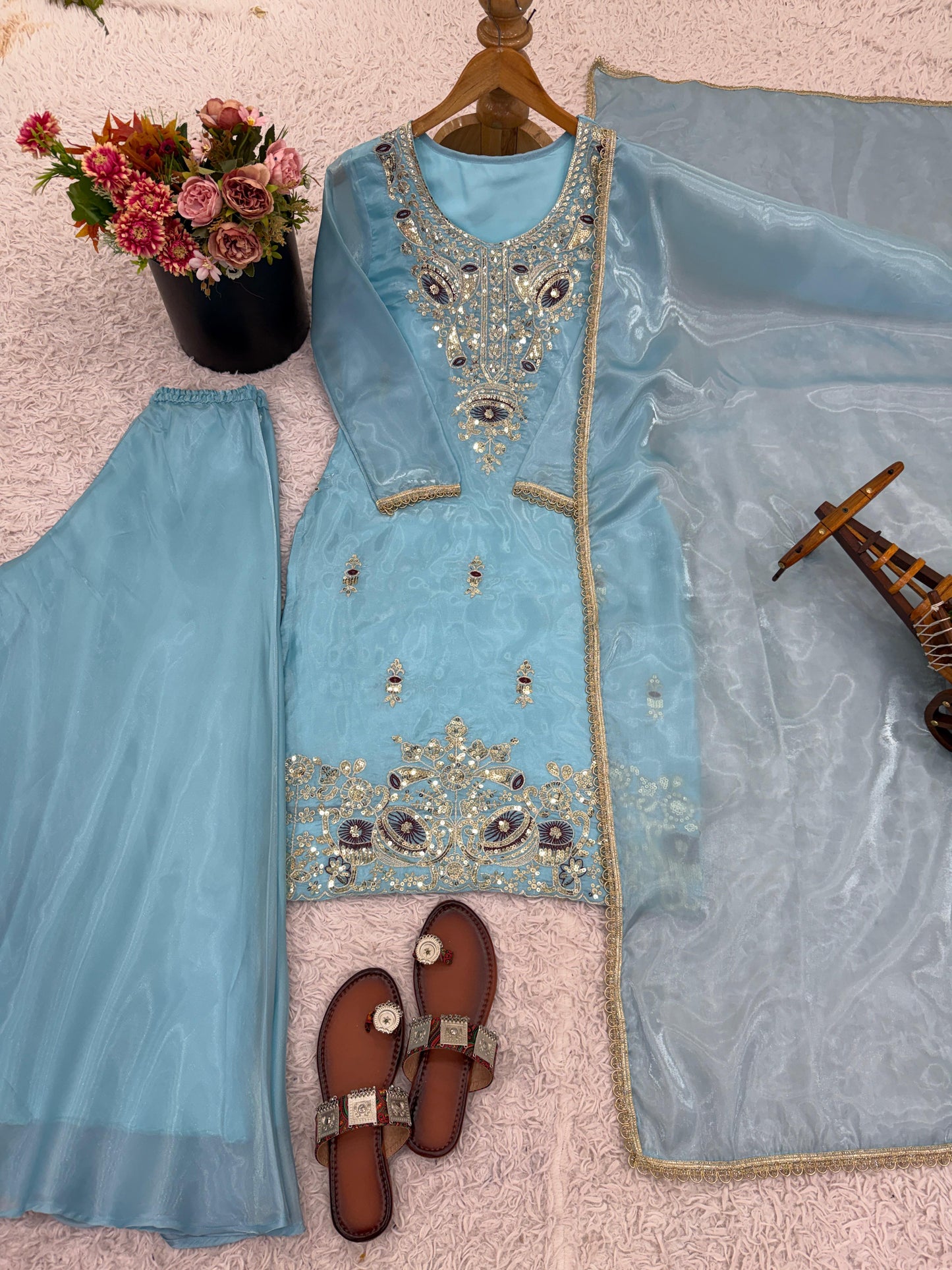 Sky blue Silk And Heavy Embroidery Sequence Work Top-Bottom And Dupatta Set in Germany