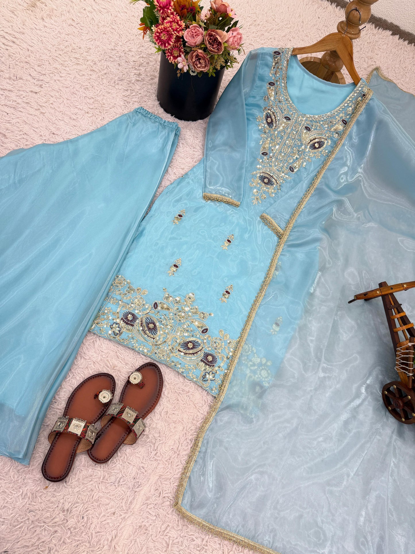Sky blue Silk And Heavy Embroidery Sequence Work Top-Bottom And Dupatta Set in Germany