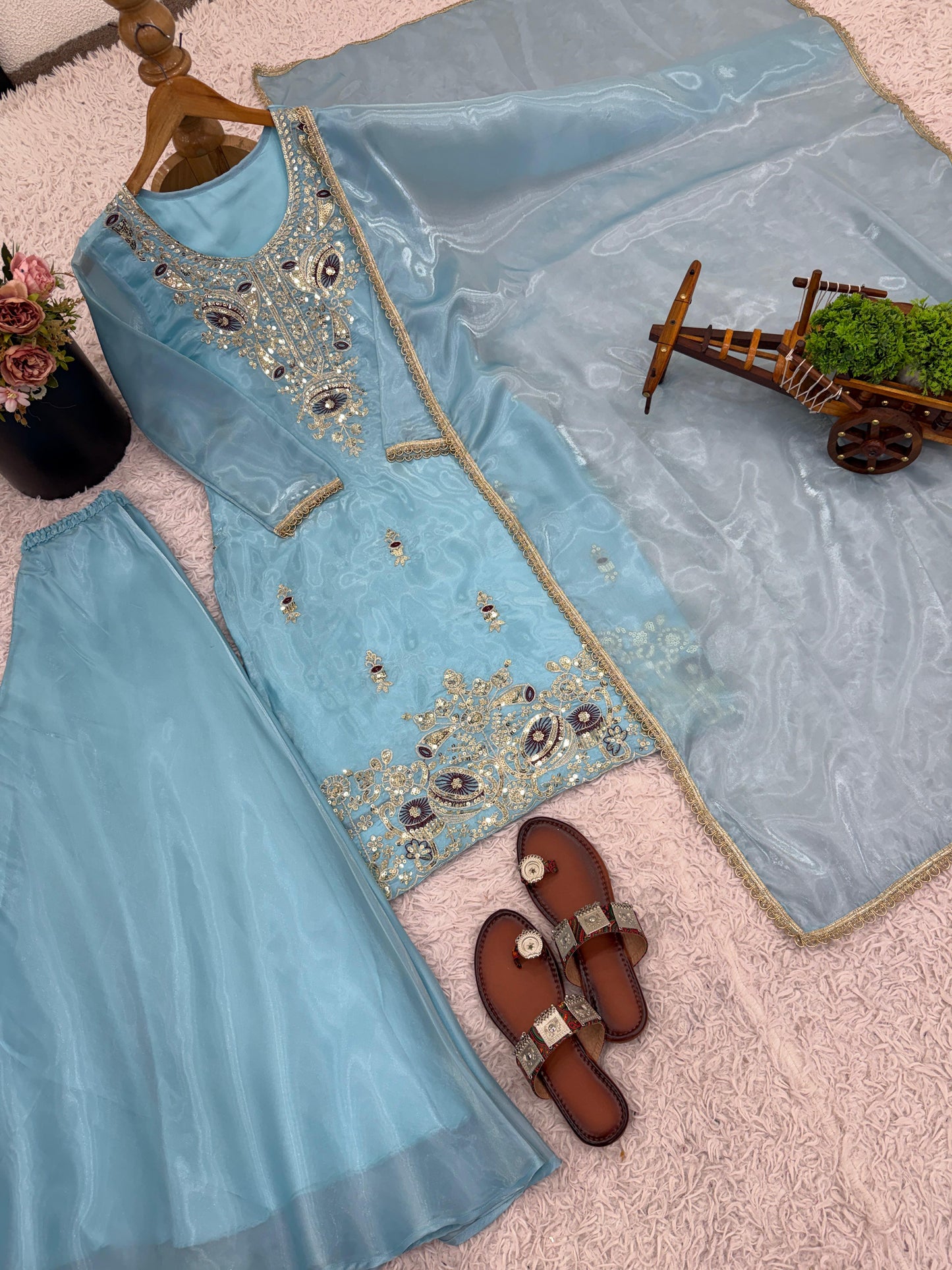 Sky blue Silk And Heavy Embroidery Sequence Work Top-Bottom And Dupatta Set in Germany