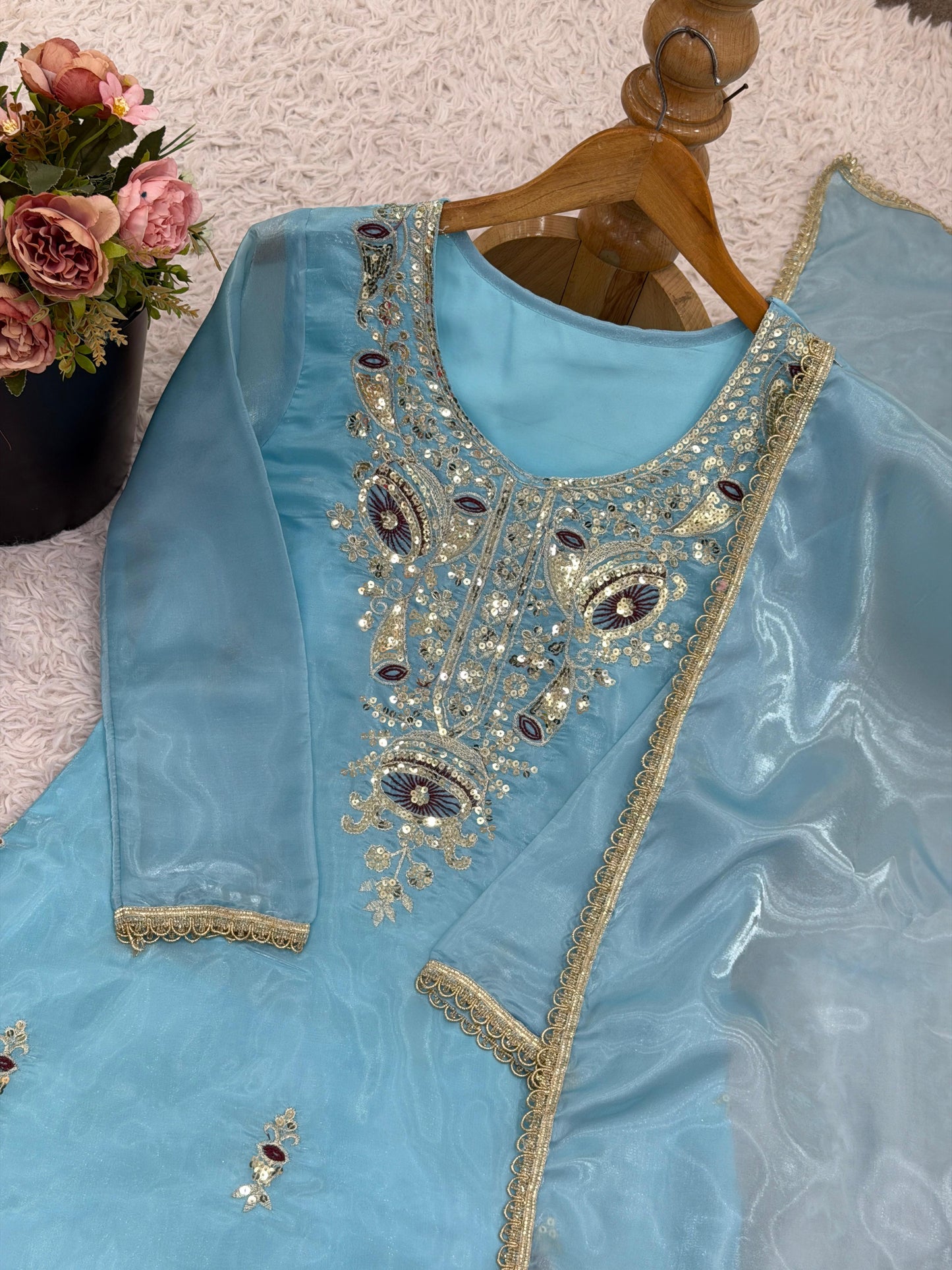 Sky blue Silk And Heavy Embroidery Sequence Work Top-Bottom And Dupatta Set in Germany