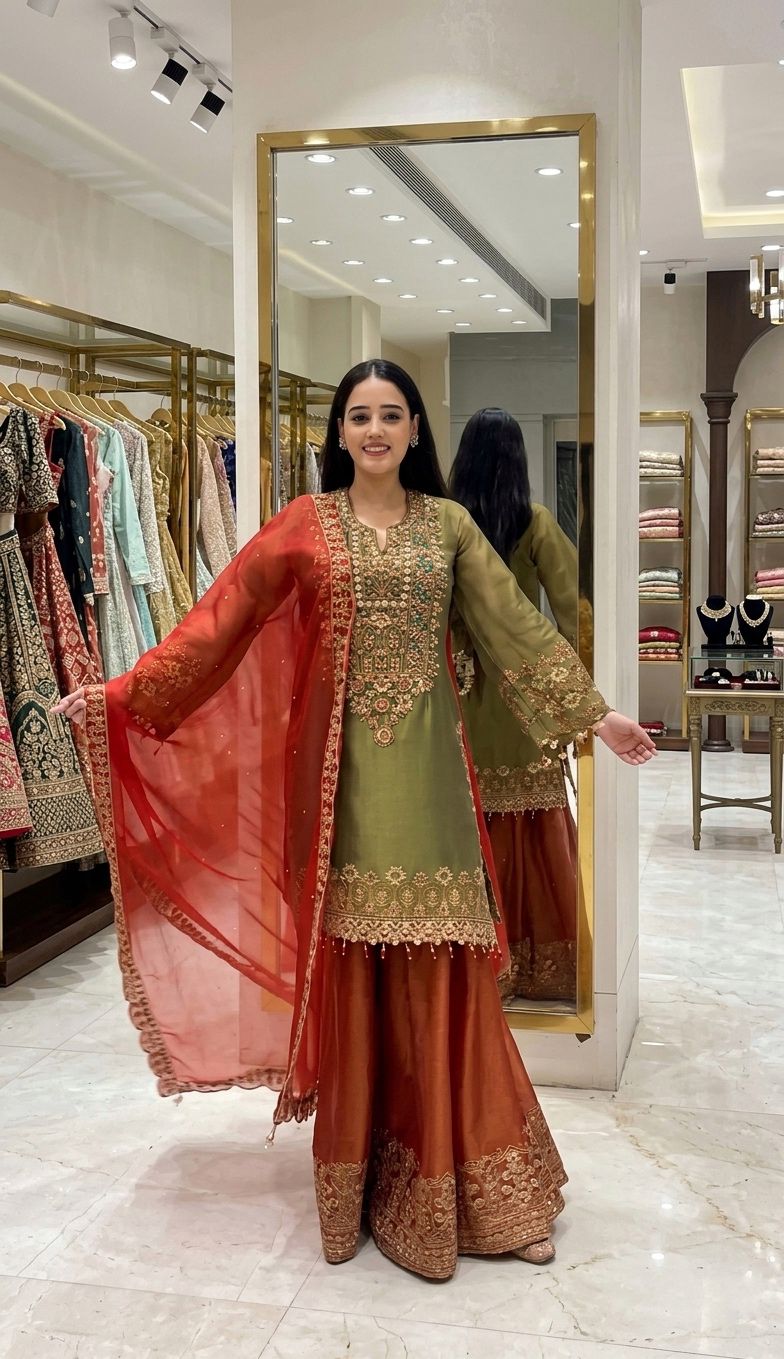 Green Heavy Malty Thread Embroidery Sequence Work Suit in Germany