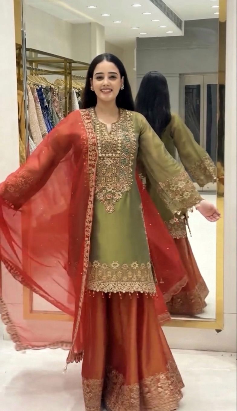 Green Heavy Malty Thread Embroidery Sequence Work Suit in Germany