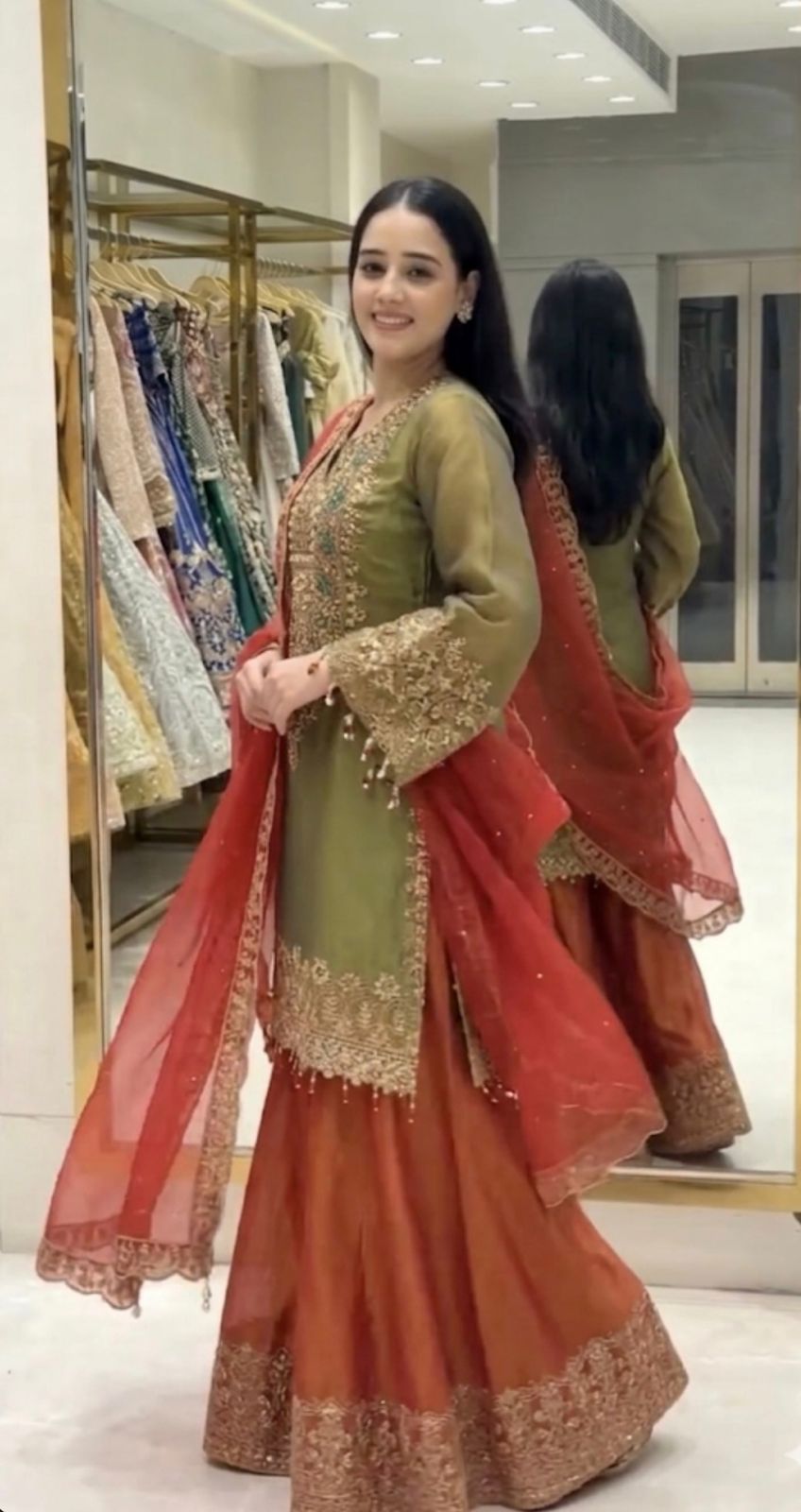 Green Heavy Malty Thread Embroidery Sequence Work Suit in Germany