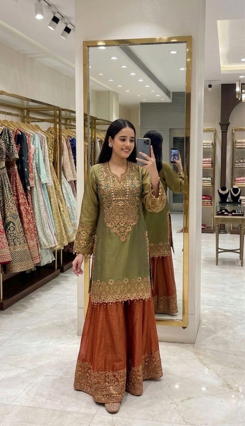 Green Heavy Malty Thread Embroidery Sequence Work Suit in Germany