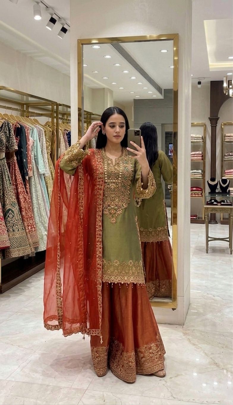Green Heavy Malty Thread Embroidery Sequence Work Suit in Germany