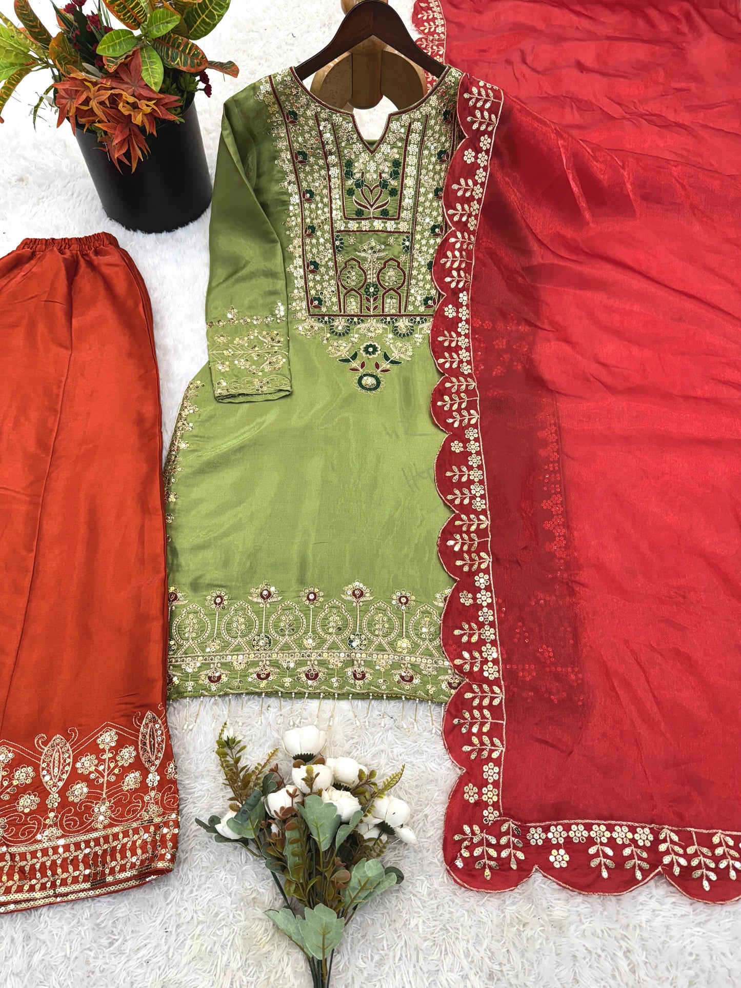 Green Heavy Malty Thread Embroidery Sequence Work Suit in Germany