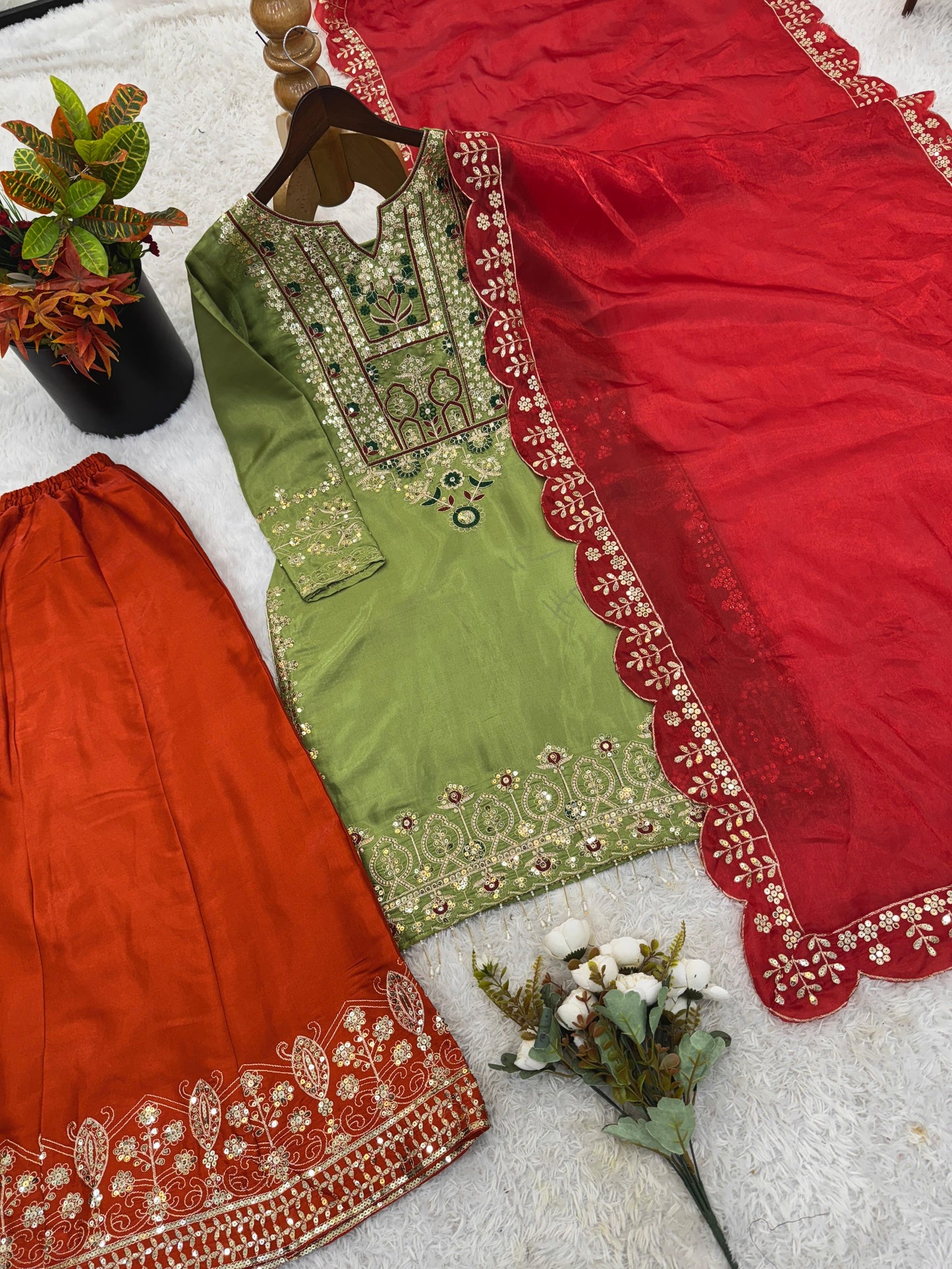 Green Heavy Malty Thread Embroidery Sequence Work Suit in Germany
