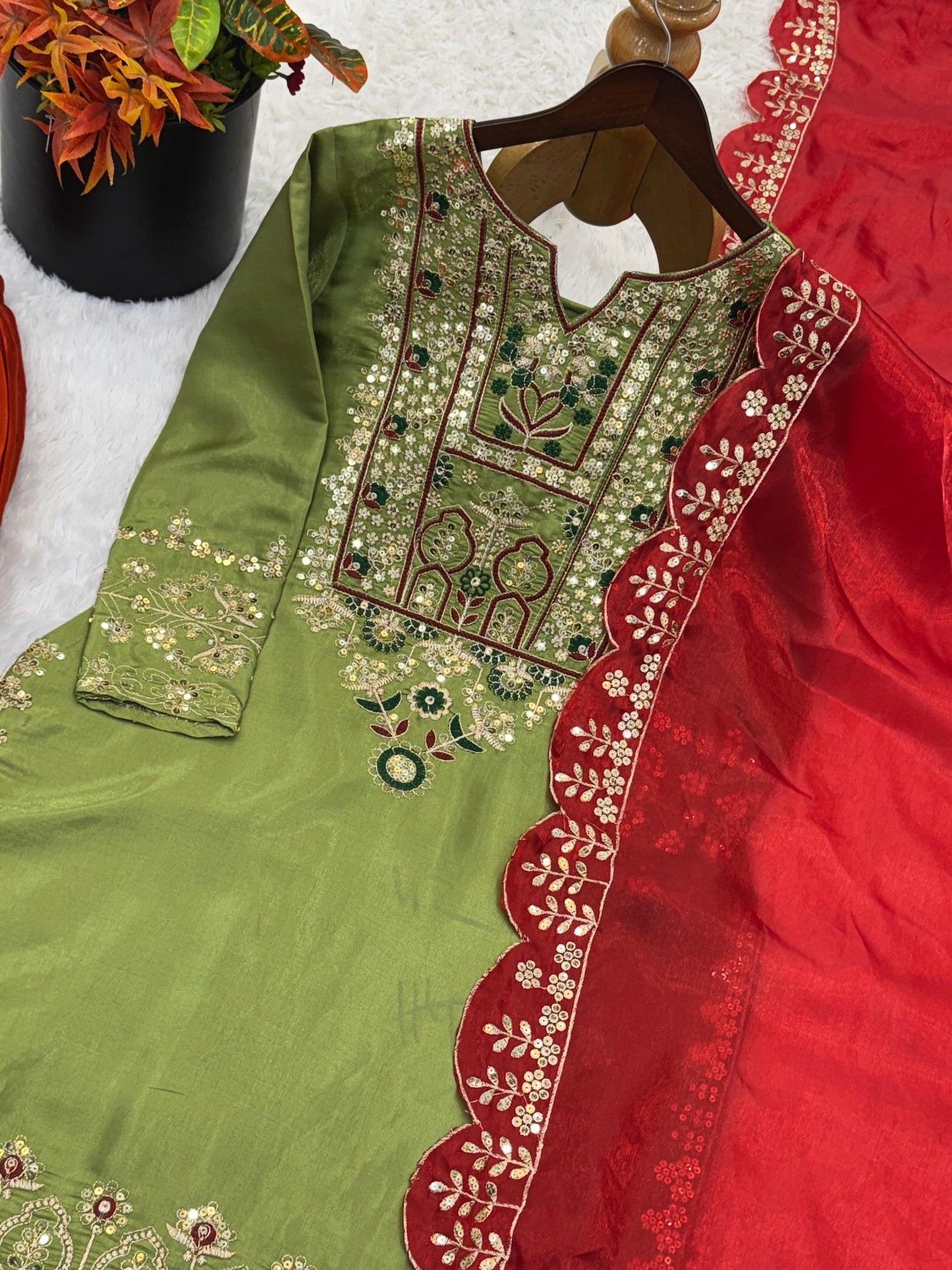 Green Heavy Malty Thread Embroidery Sequence Work Suit in Germany