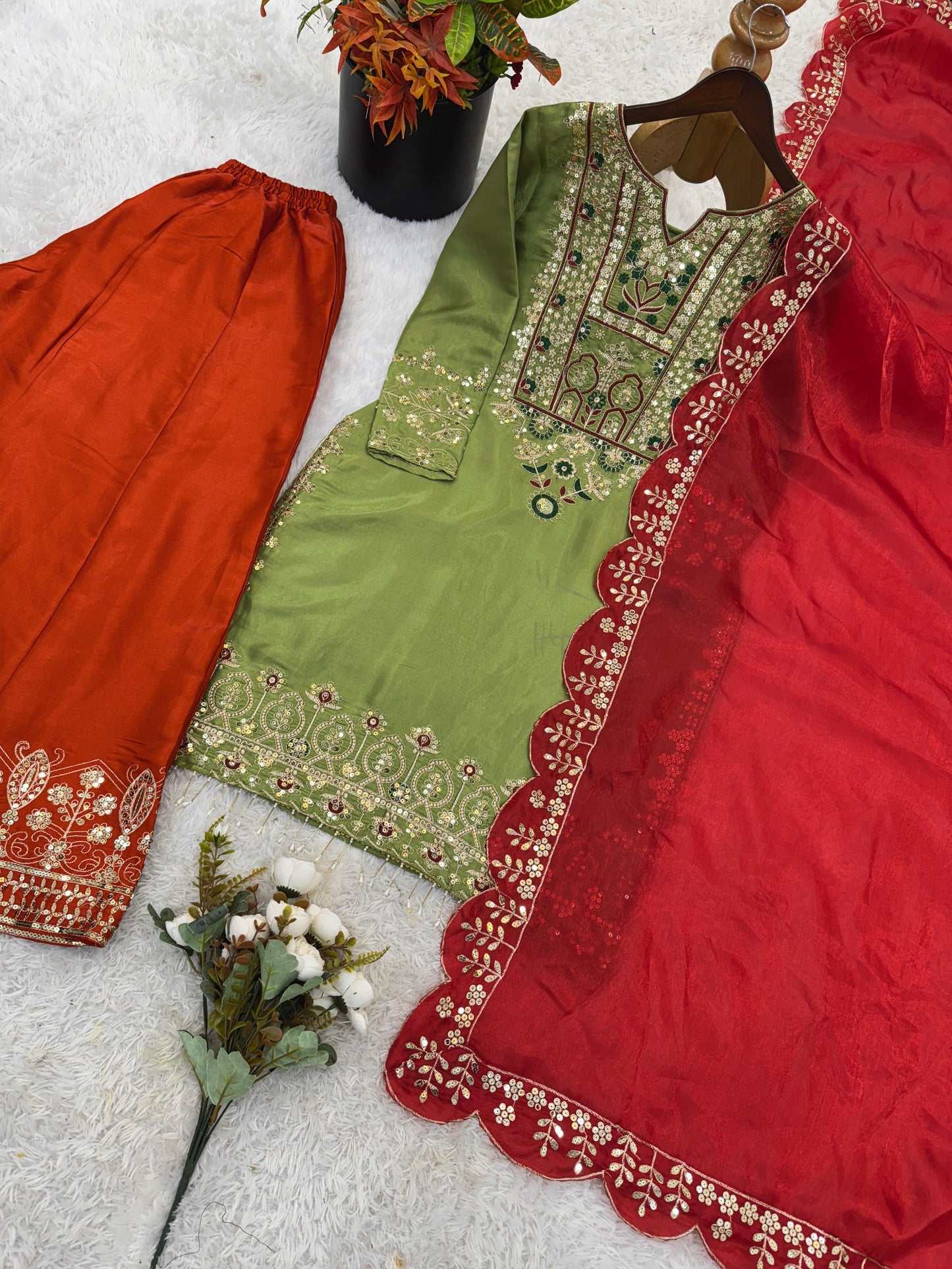 Green Heavy Malty Thread Embroidery Sequence Work Suit in Germany