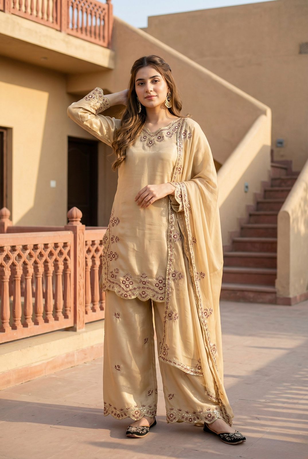 BIEGE HEAVY EMBROIDERY SEQUENCE WORK SUIT IN GERMANY