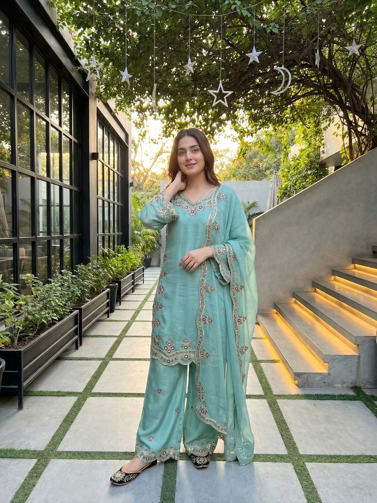 MINT GREEN HEAVY EMBROIDERY SEQUENCE WORK SUIT IN GERMANY