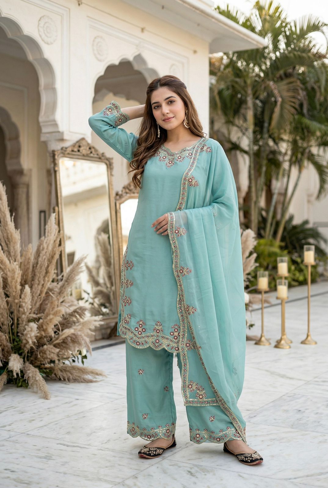 MINT GREEN HEAVY EMBROIDERY SEQUENCE WORK SUIT IN GERMANY