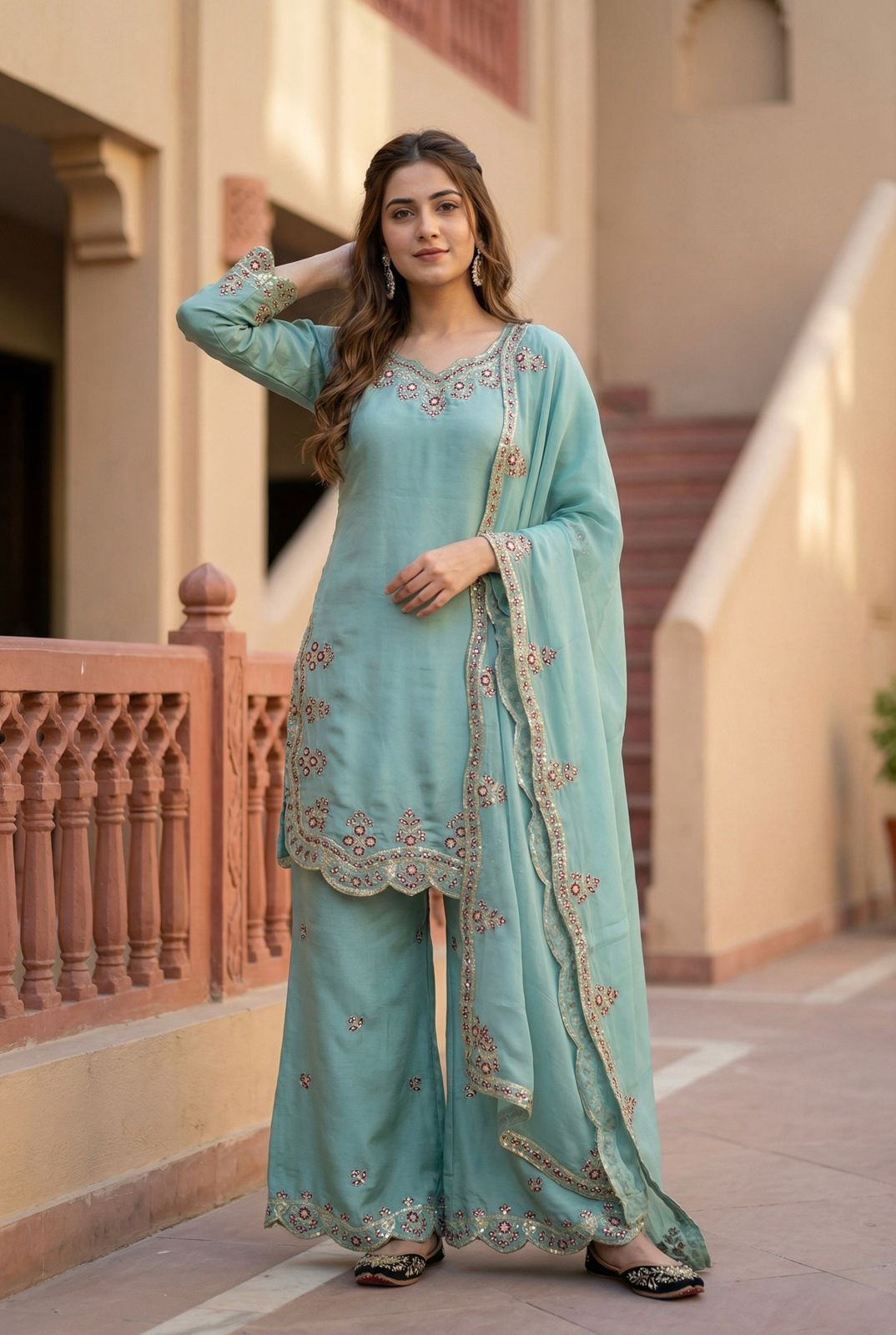 MINT GREEN HEAVY EMBROIDERY SEQUENCE WORK SUIT IN GERMANY