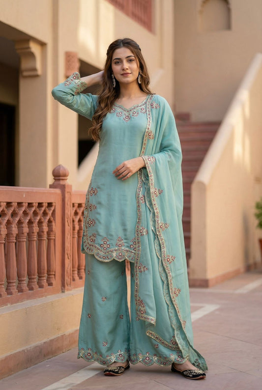 Mint Green Heavy Embroidery Sequence Work Suit embroidery and fabric detail - Neha Couture Indian Fashion