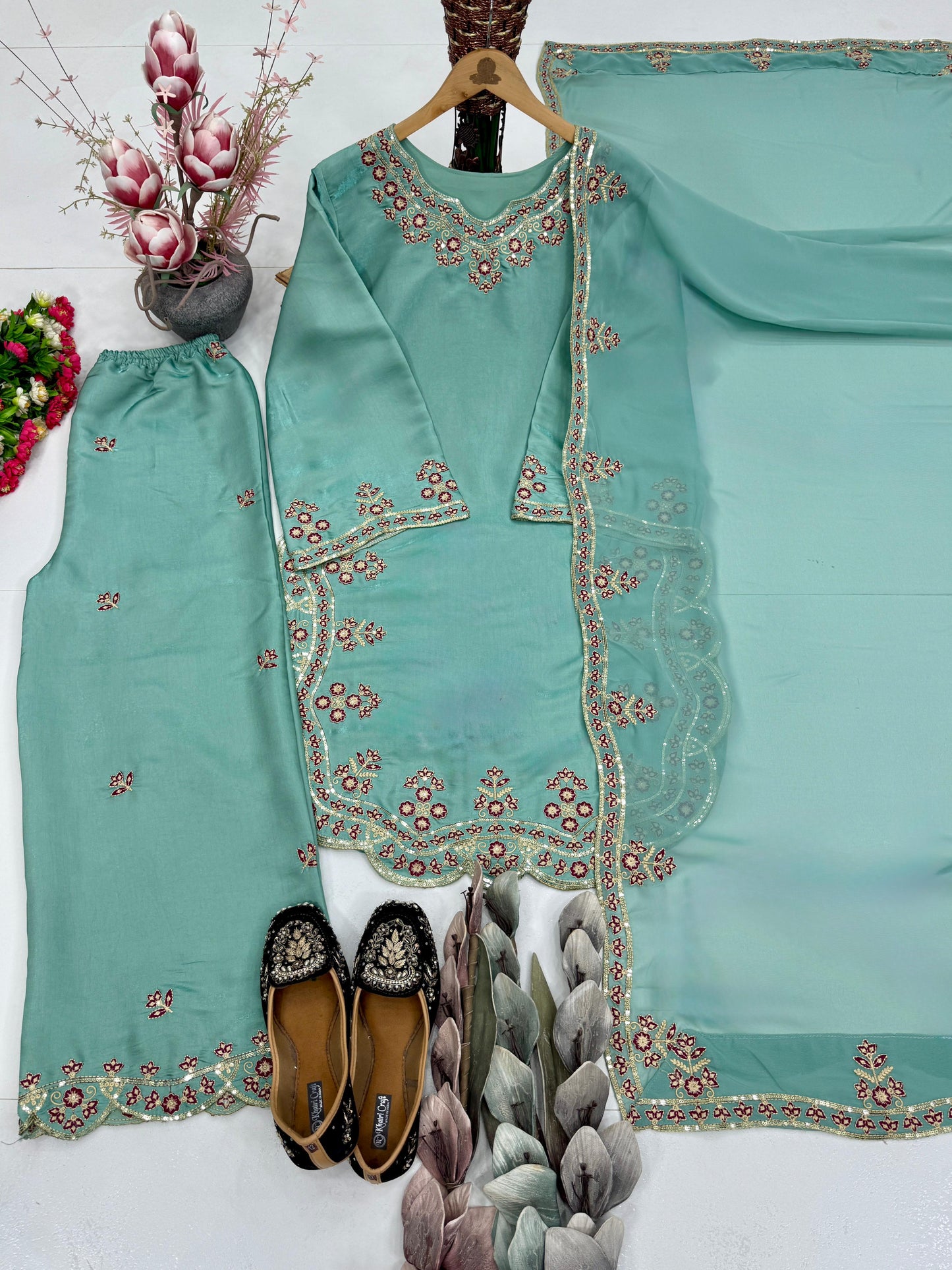 MINT GREEN HEAVY EMBROIDERY SEQUENCE WORK SUIT IN GERMANY